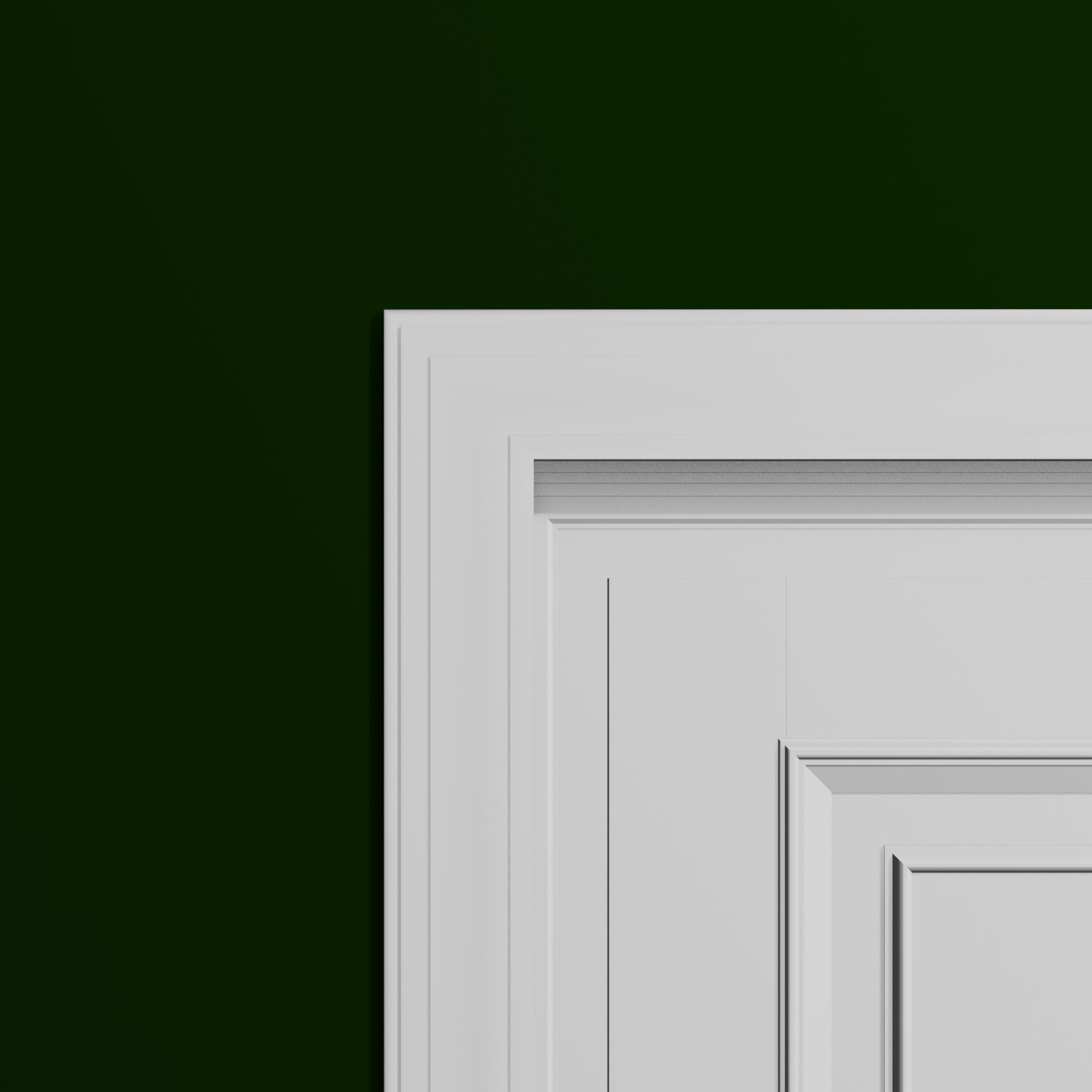 View of a room featuring the M0445W Primed White Pine Wood Casing Moulding installed, measuring 11/16 in x 3-1/4 in x 102 in, highlighting an elegant and clean finish, ideal for enhancing the aesthetics of any space.