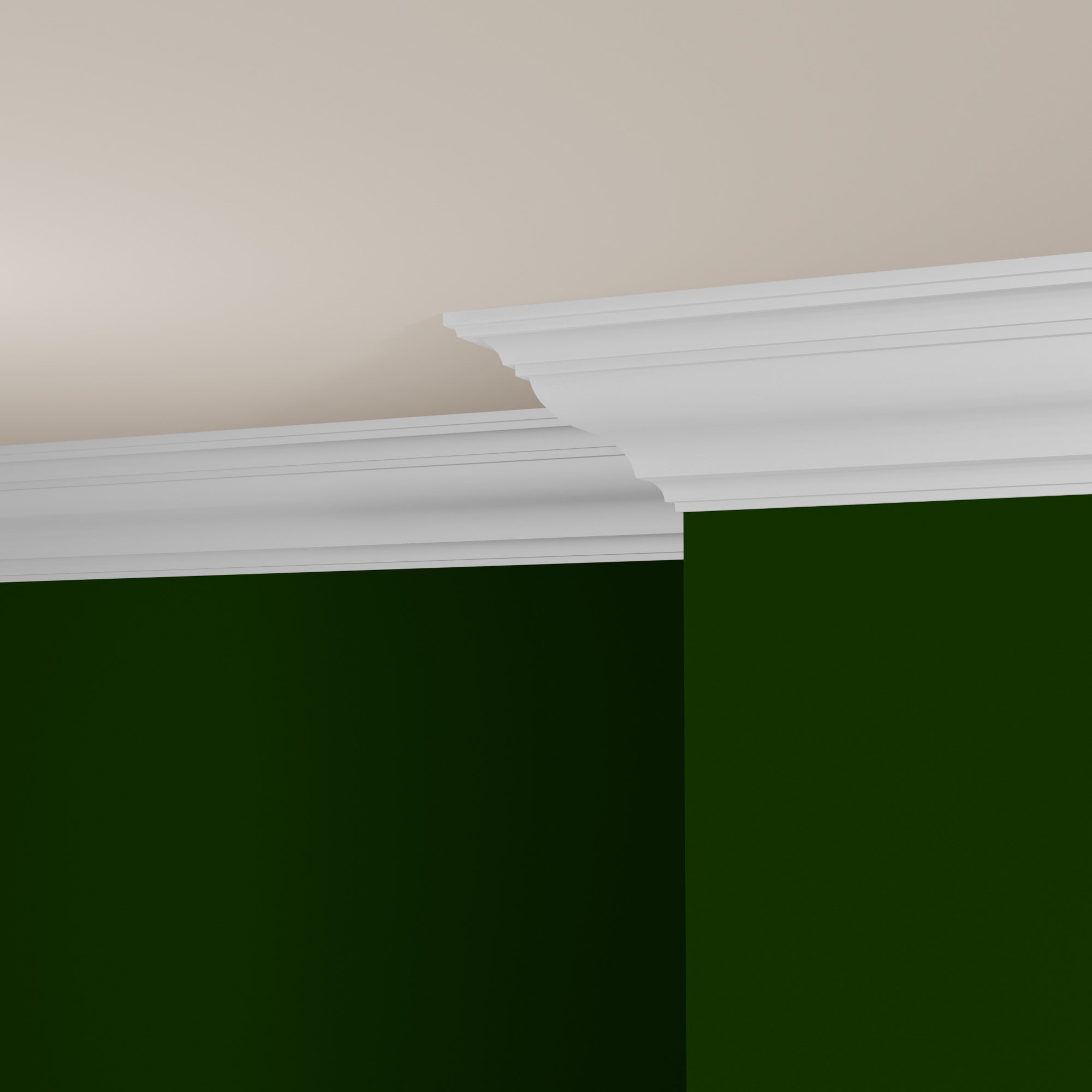 View of a room featuring the M9726A Primed White Pine Wood Crown Moulding installed, measuring 11/16 in x 6-1/4 in x 16 ft, highlighting an elegant and clean finish, ideal for enhancing the aesthetics of any space.