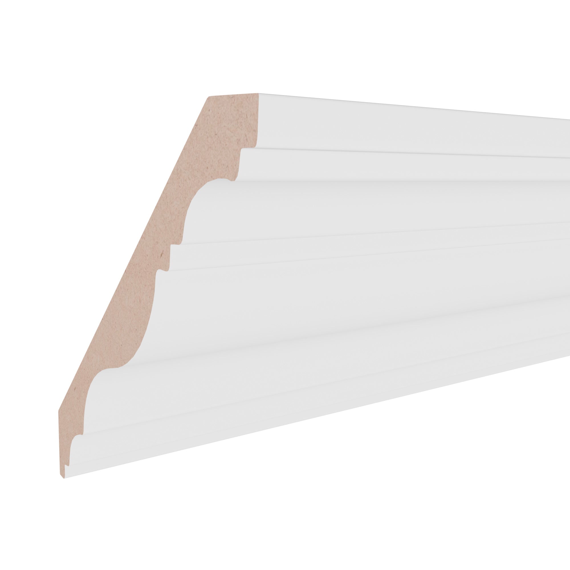 11/16 in x 6-1/4 in x 16 ft M9726E Primed White MDF-UL Crown -  Moulding, durable composite construction with a smooth primed white finish for easy painting and installation.