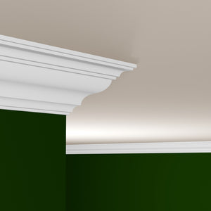 View of a room featuring the M9726E Primed White MDF-UL Crown Moulding installed, measuring 11/16 in x 6-1/4 in x 16 ft, highlighting an elegant and clean finish, ideal for enhancing the aesthetics of any space.