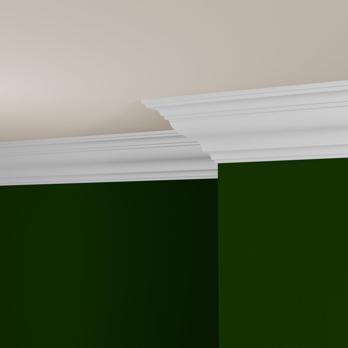 View of a room featuring the M9726E Primed White MDF-UL Crown Moulding installed, measuring 11/16 in x 6-1/4 in x 16 ft, highlighting an elegant and clean finish, ideal for enhancing the aesthetics of any space.