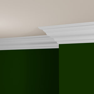 View of a room featuring the M9726E Primed White MDF-UL Crown Moulding installed, measuring 11/16 in x 6-1/4 in x 16 ft, highlighting an elegant and clean finish, ideal for enhancing the aesthetics of any space.