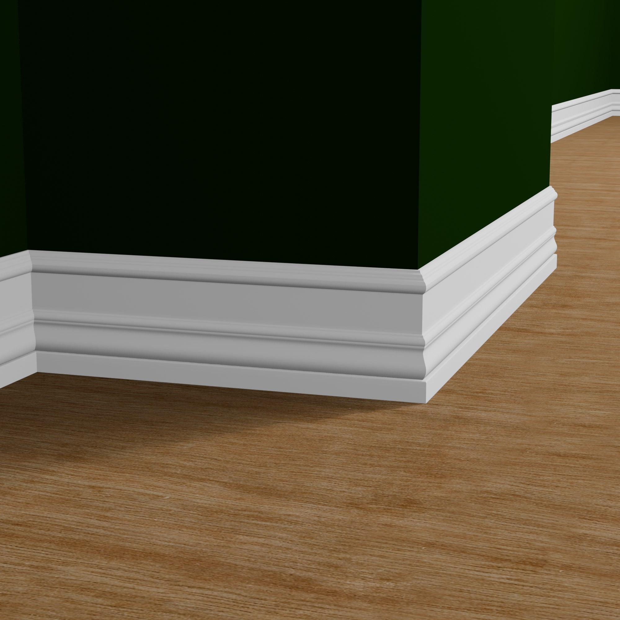 View of a room featuring the M9253 Primed White MDF Baseboard Moulding installed, measuring 11/16 in x 6-3/4 in x 16 ft, highlighting an elegant and clean finish, ideal for enhancing the aesthetics of any space.