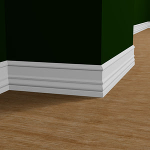 View of a room featuring the M9253 Primed White MDF Baseboard Moulding installed, measuring 11/16 in x 6-3/4 in x 16 ft, highlighting an elegant and clean finish, ideal for enhancing the aesthetics of any space.
