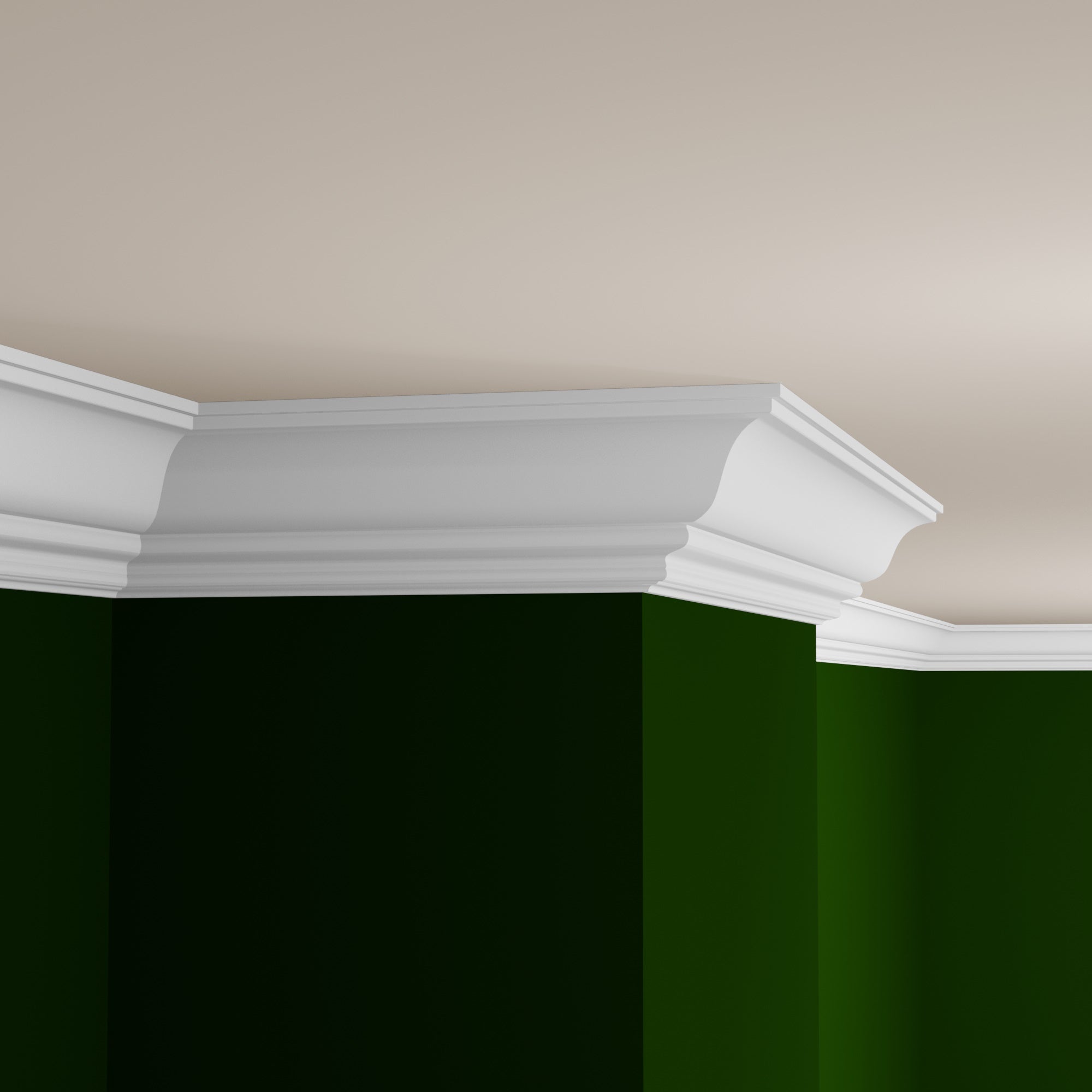 View of a room featuring the M9712H Primed White MDF-UL Crown Moulding installed, measuring 11/16 in x 6-3/4 in x 16 ft, highlighting an elegant and clean finish, ideal for enhancing the aesthetics of any space.