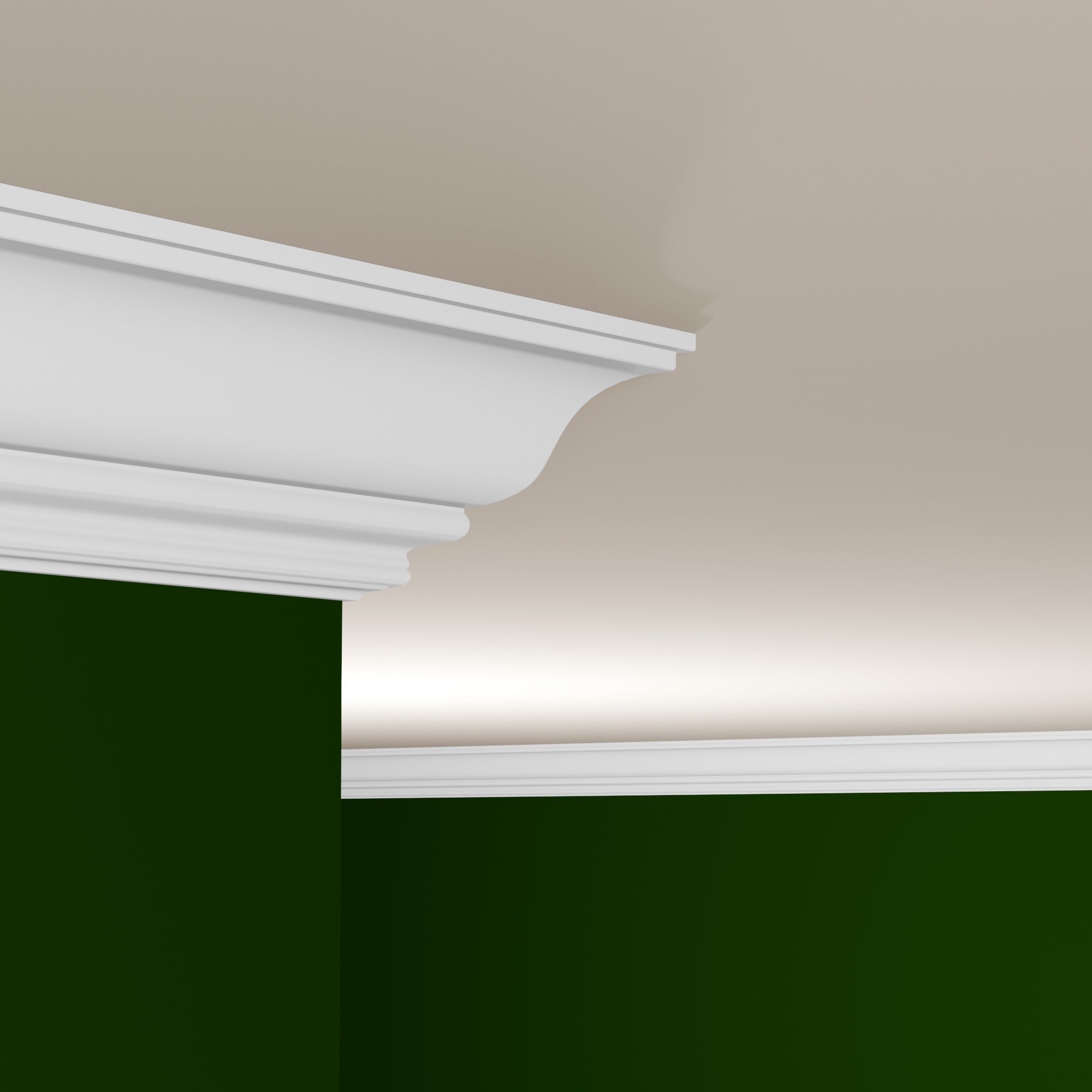 View of a room featuring the M9712H Primed White MDF-UL Crown Moulding installed, measuring 11/16 in x 6-3/4 in x 16 ft, highlighting an elegant and clean finish, ideal for enhancing the aesthetics of any space.