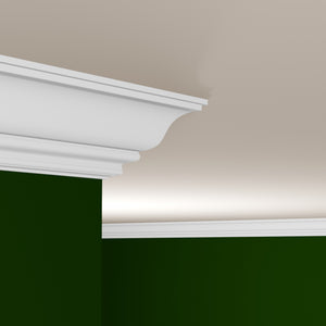 View of a room featuring the M9712H Primed White MDF-UL Crown Moulding installed, measuring 11/16 in x 6-3/4 in x 16 ft, highlighting an elegant and clean finish, ideal for enhancing the aesthetics of any space.