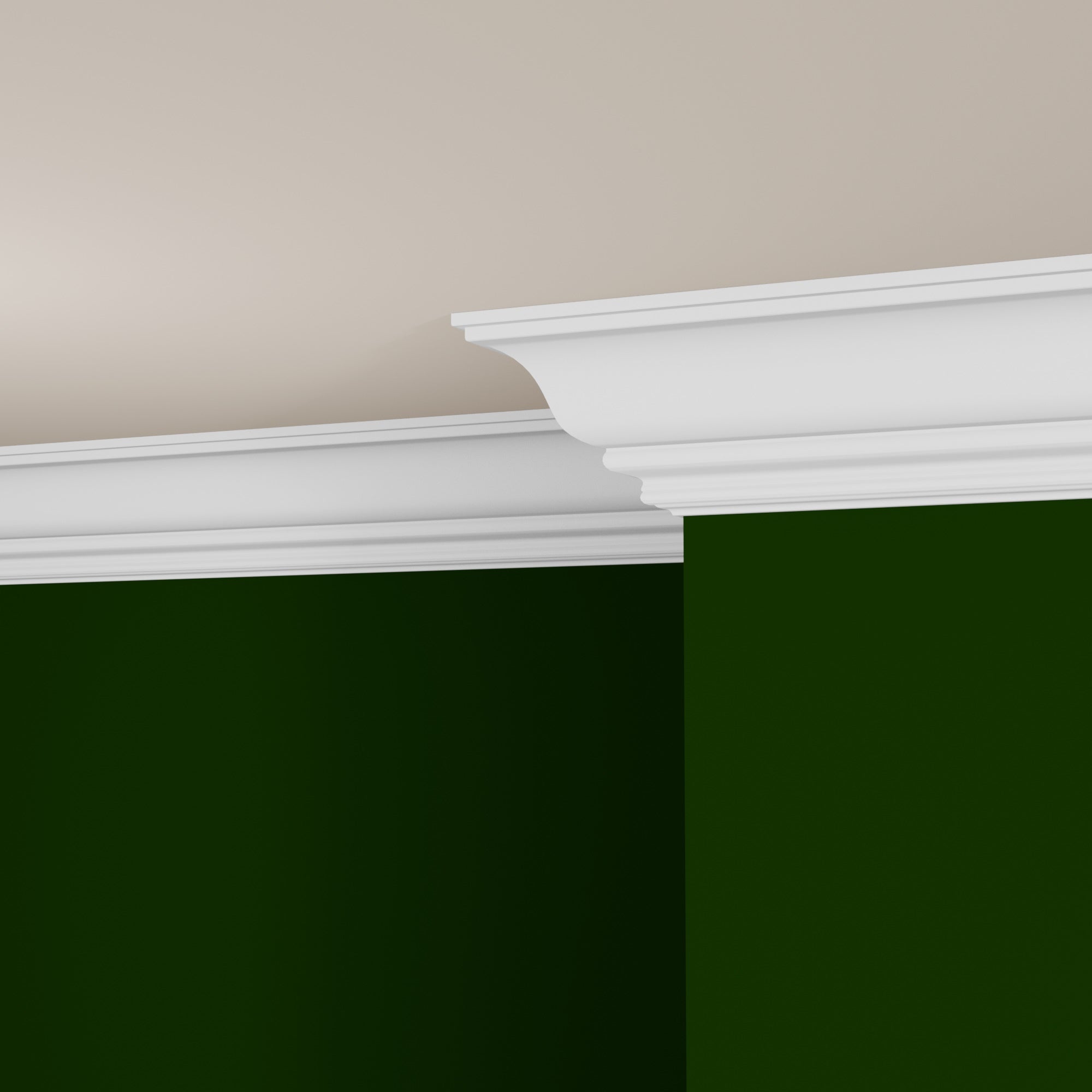 View of a room featuring the M9712H Primed White MDF-UL Crown Moulding installed, measuring 11/16 in x 6-3/4 in x 16 ft, highlighting an elegant and clean finish, ideal for enhancing the aesthetics of any space.