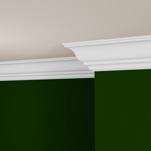 View of a room featuring the M9712H Primed White MDF-UL Crown Moulding installed, measuring 11/16 in x 6-3/4 in x 16 ft, highlighting an elegant and clean finish, ideal for enhancing the aesthetics of any space.