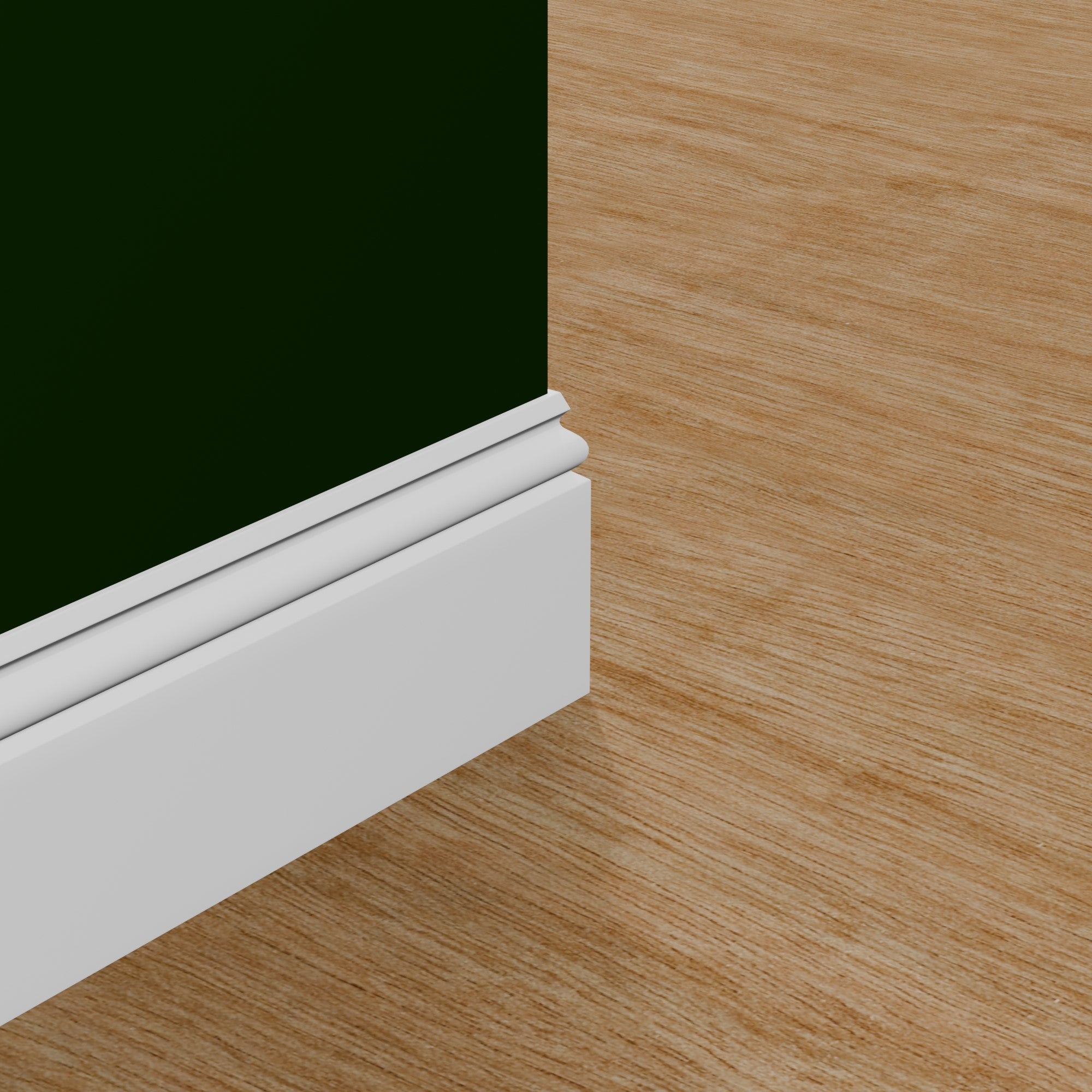 View of a room featuring the M0739P Primed White Pine Wood Baseboard Moulding installed, measuring 11/16 in x 7-1/4 in x 16 ft, highlighting an elegant and clean finish, ideal for enhancing the aesthetics of any space.