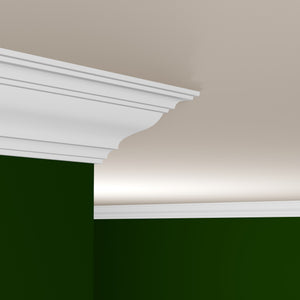 View of a room featuring the M4009F Primed White Pine Wood Crown Moulding installed, measuring 11/16 in x 7-1/4 in x 16 ft, highlighting an elegant and clean finish, ideal for enhancing the aesthetics of any space.