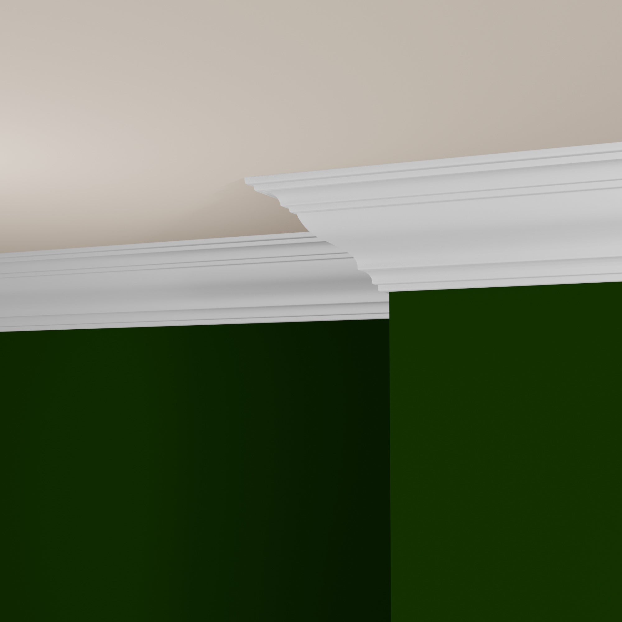 View of a room featuring the M4009F Primed White Pine Wood Crown Moulding installed, measuring 11/16 in x 7-1/4 in x 16 ft, highlighting an elegant and clean finish, ideal for enhancing the aesthetics of any space.