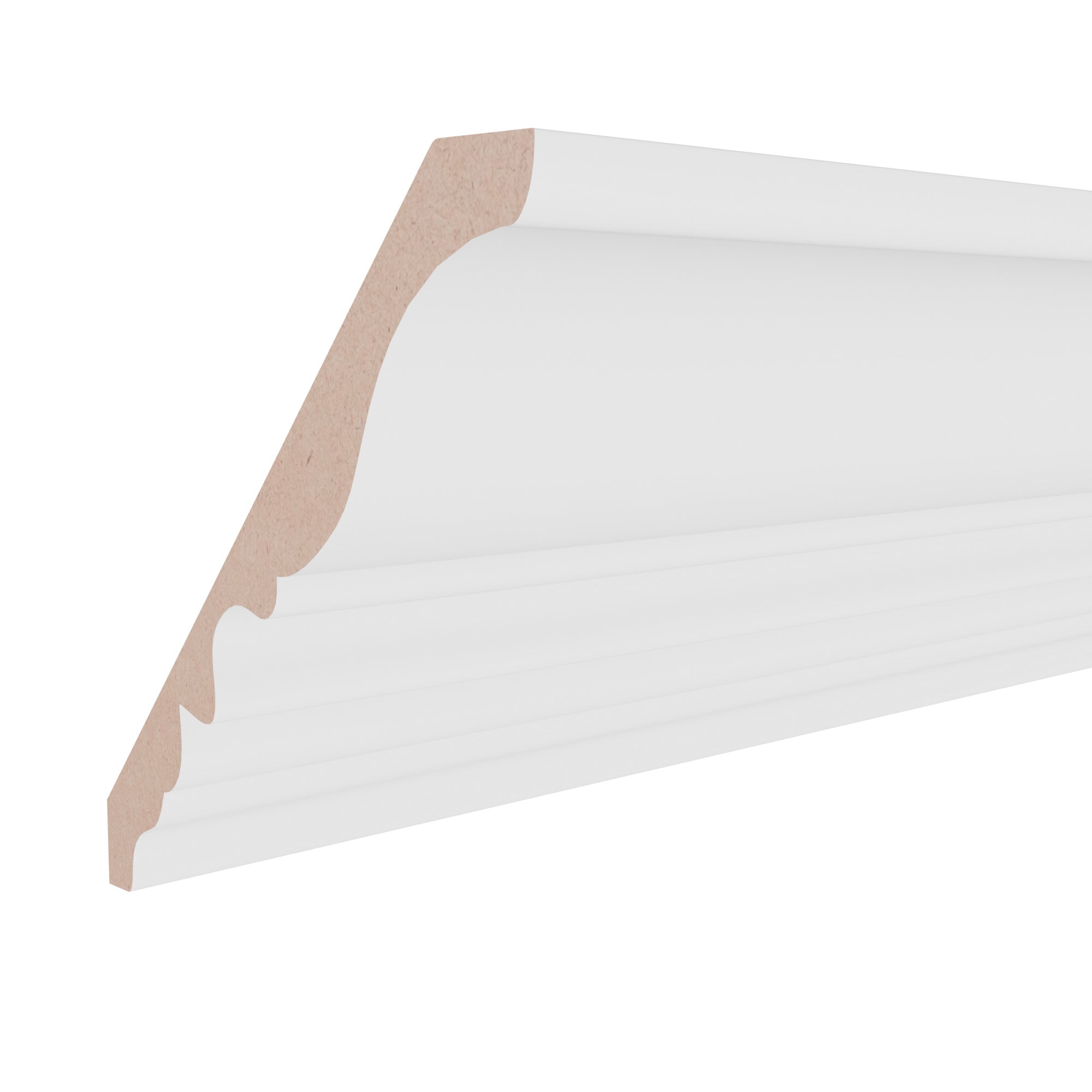 11/16 in x 7 in x 16 ft M0061C Primed White MDF-UL Crown -  Moulding, durable composite construction with a smooth primed white finish for easy painting and installation.