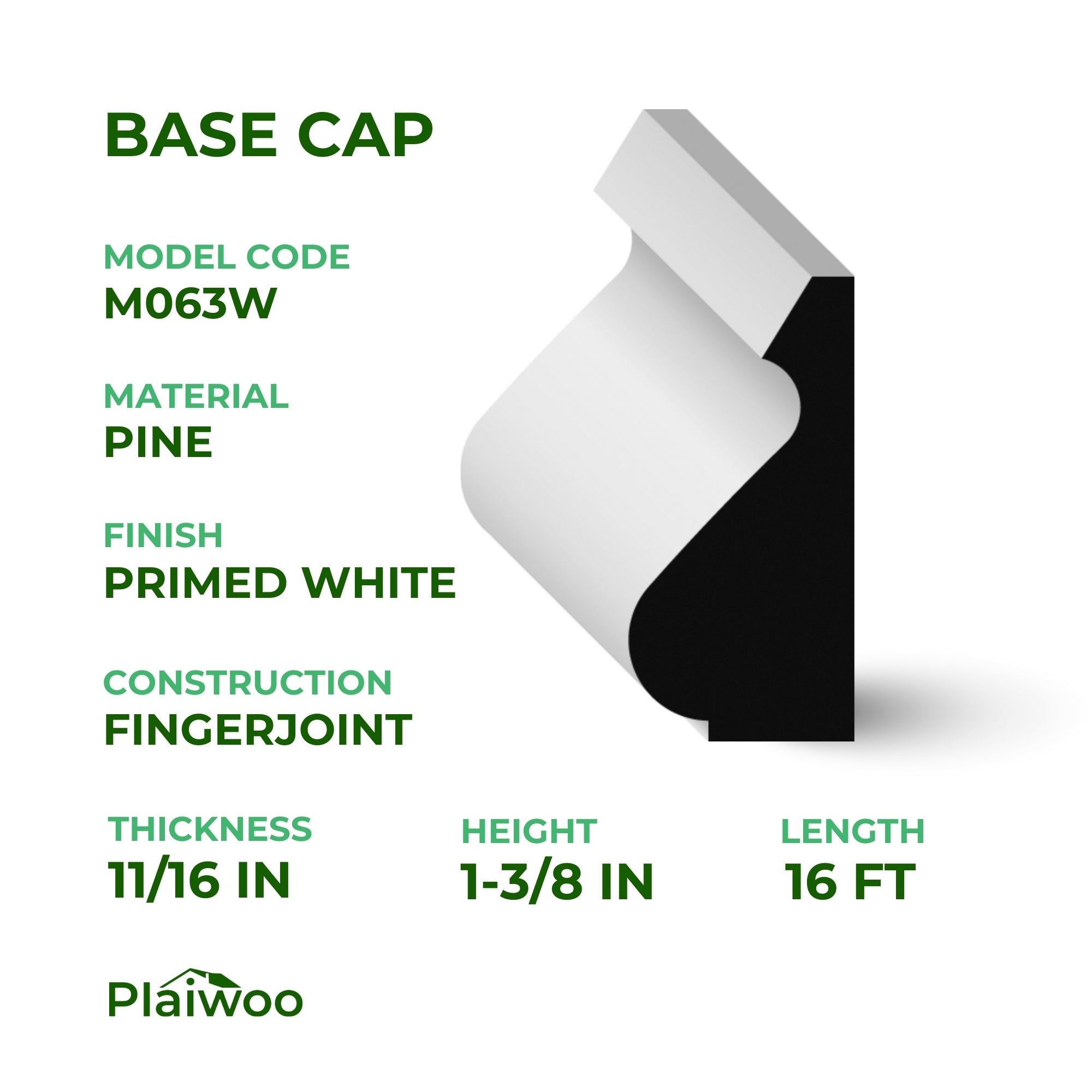 11/16 in x 1-3/8 in x 16 ft M063W Primed White Pine Wood Base Cap -  Moulding - high-quality decorative trim for doors, windows, and interior finishing.