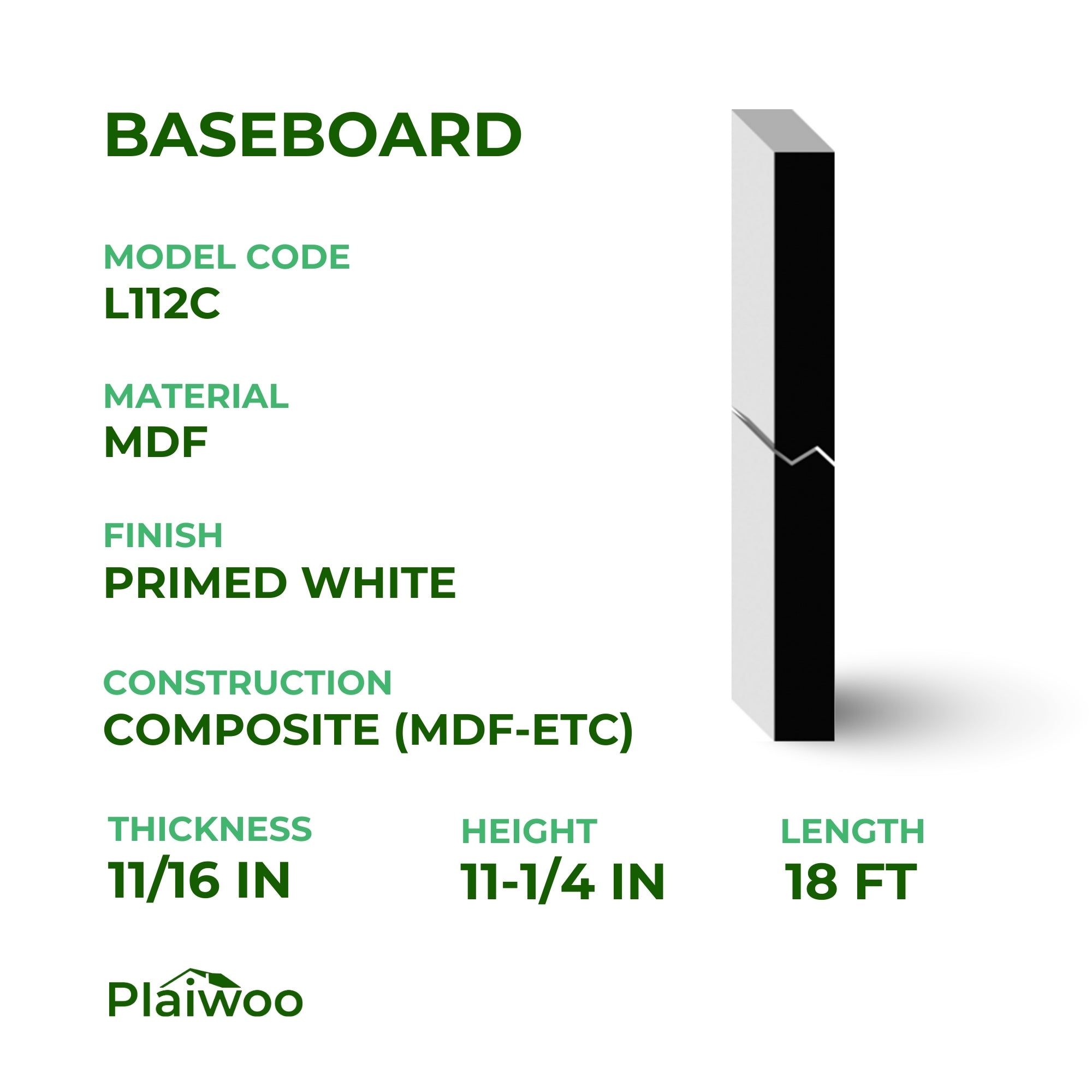 11/16 in x 11-1/4 in x 18 ft L112C Primed White MDF Finished Boards -  Moulding - high-quality decorative trim for doors, windows, and interior finishing.