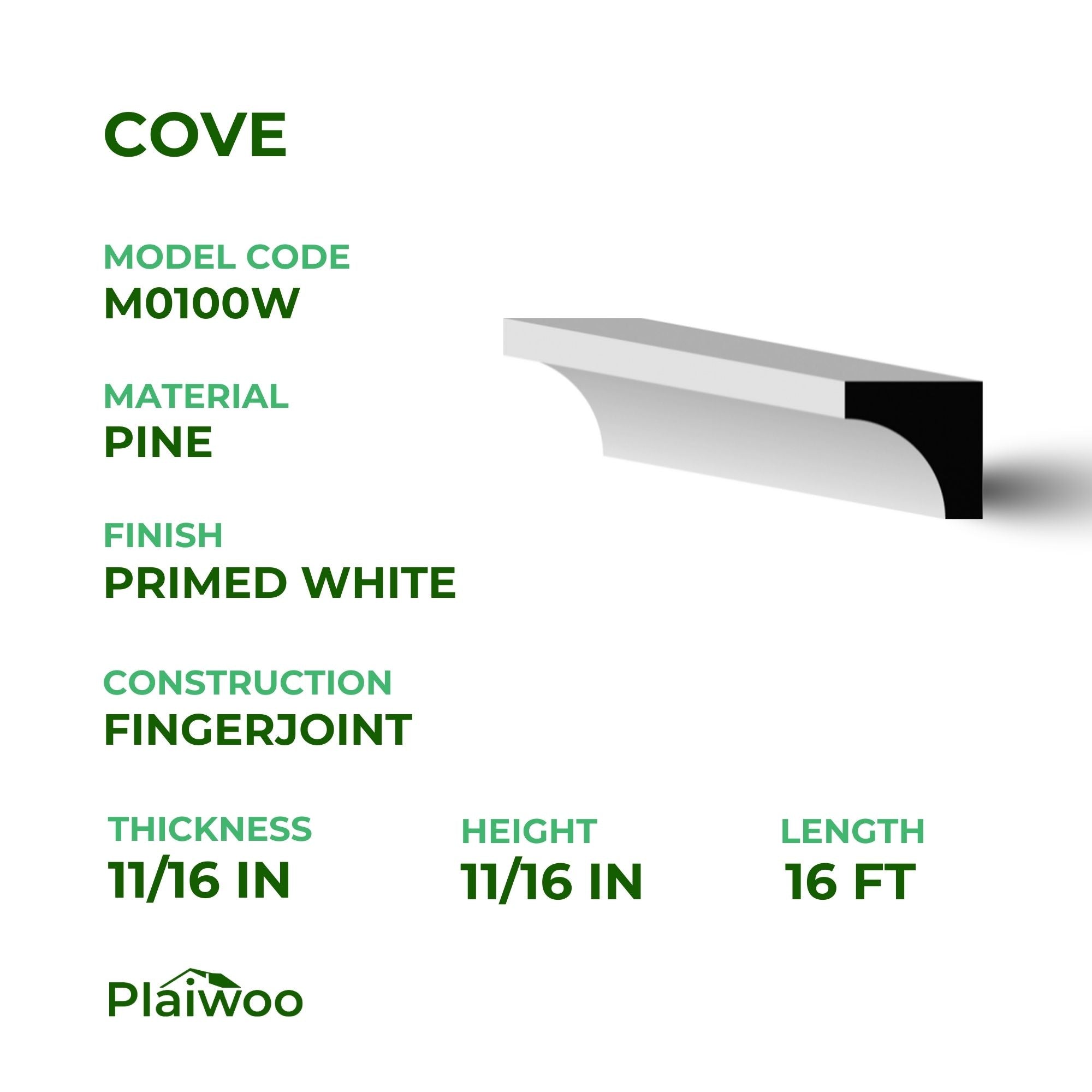 11/16 in x 11/16 in x 16 ft M0100W Primed White Pine Wood Cove -  Moulding - high-quality decorative trim for doors, windows, and interior finishing.