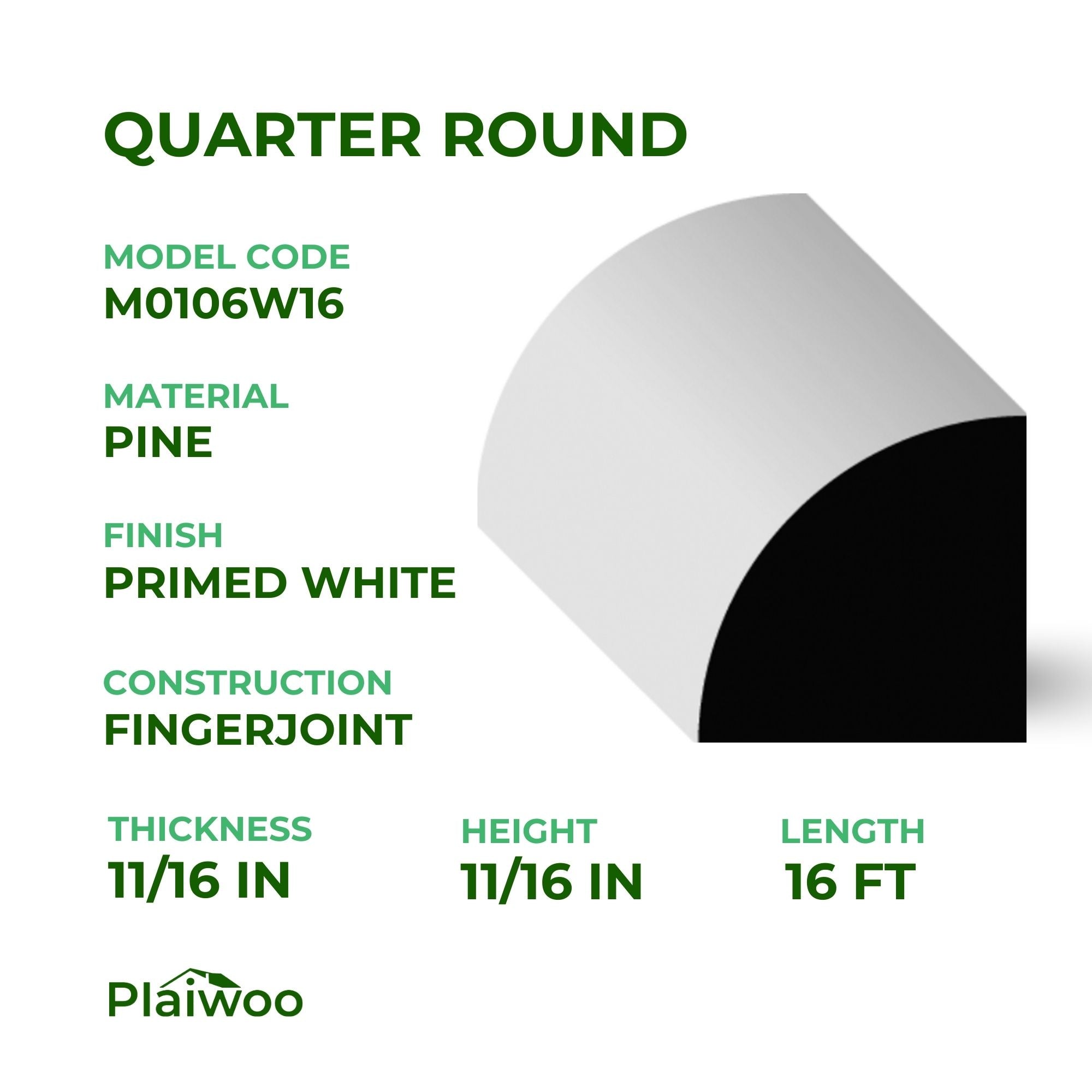 11/16 in x 11/16 in x 16 ft M0106W16 Primed White Pine Wood Quarter Round -  Moulding - high-quality decorative trim for doors, windows, and interior finishing.