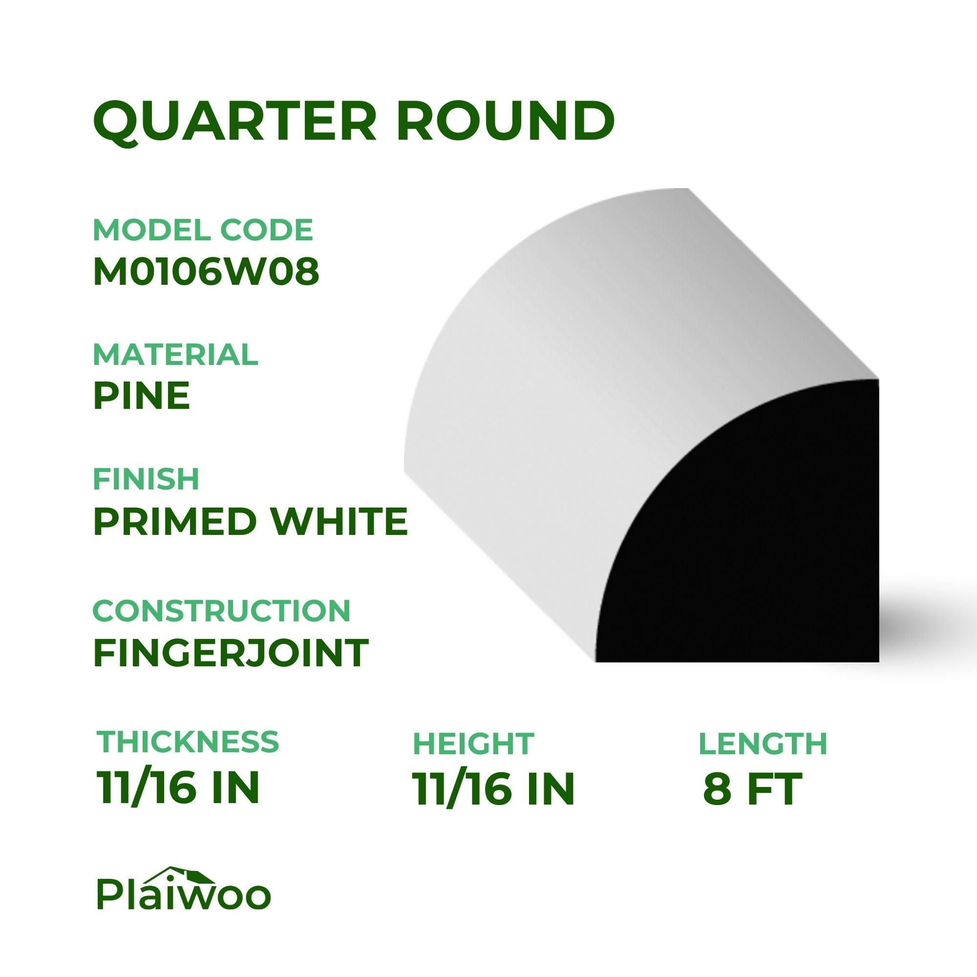 11/16 in x 11/16 in x 8 ft M0106W08 Primed White Pine Wood Quarter Round -  Moulding - high-quality decorative trim for doors, windows, and interior finishing.