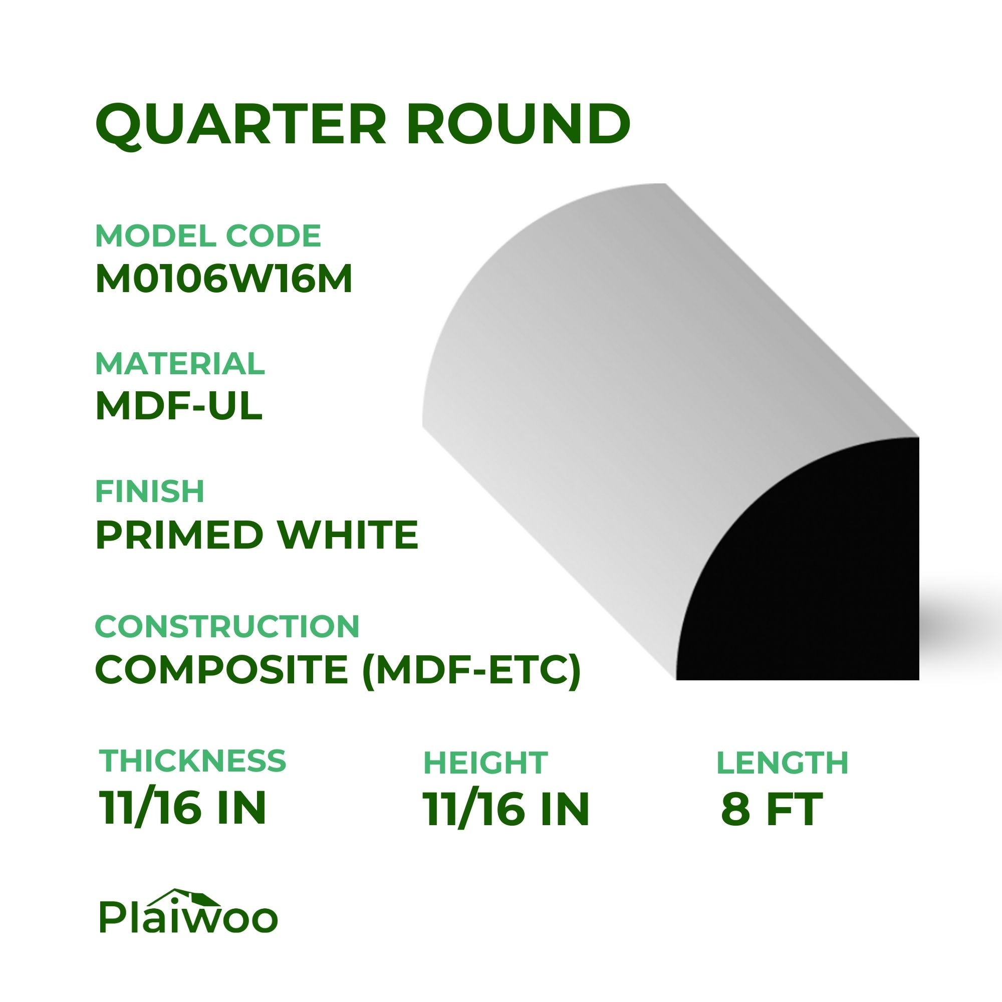 11/16 in x 11/16 in x 8 ft M0106W16M Primed White MDF-UL Quarter Round -  Moulding - high-quality decorative trim for doors, windows, and interior finishing.