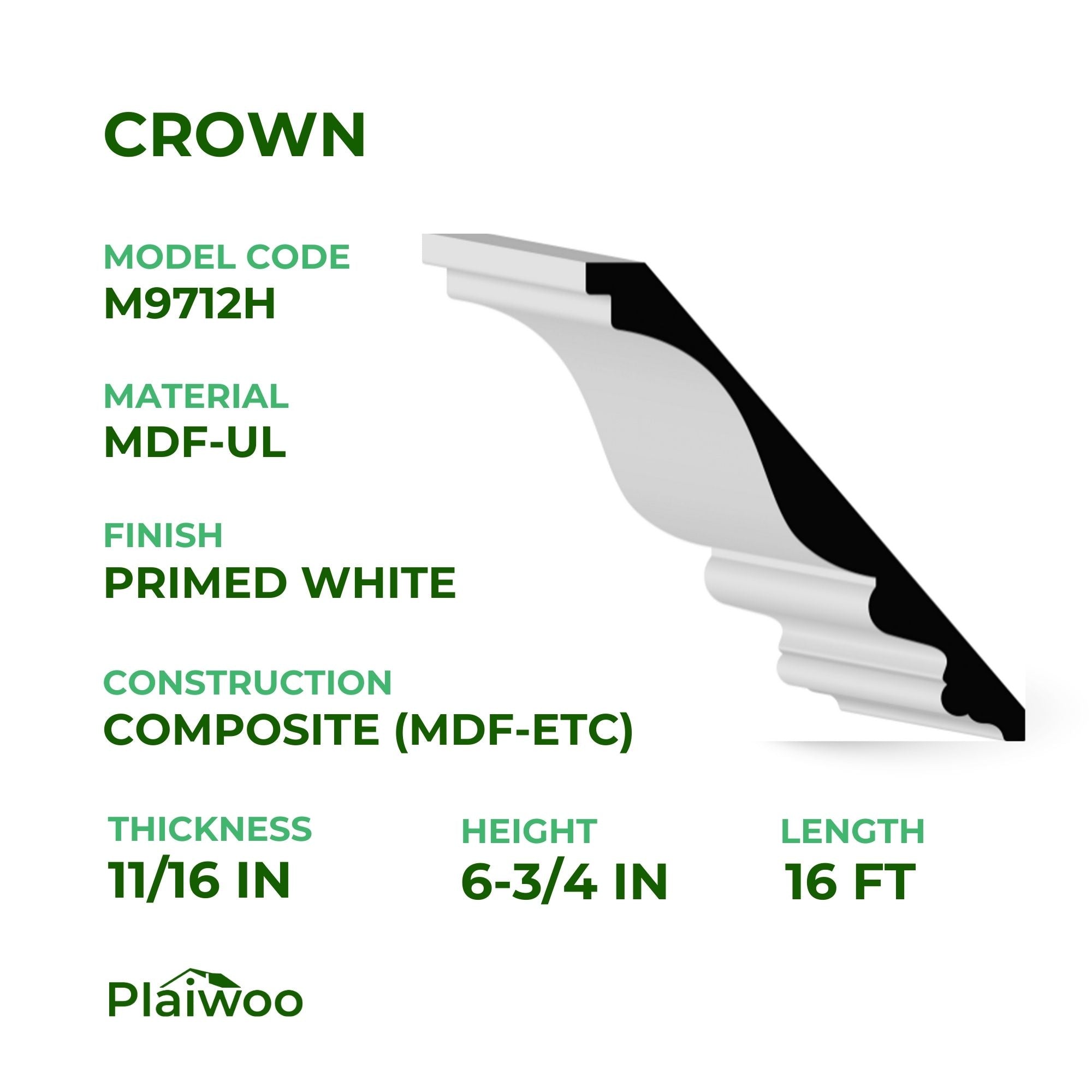 11/16 in x 6-3/4 in x 16 ft M9712H Primed White MDF-UL Crown -  Moulding - high-quality decorative trim for doors, windows, and interior finishing.