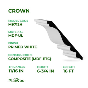 11/16 in x 6-3/4 in x 16 ft M9712H Primed White MDF-UL Crown -  Moulding - high-quality decorative trim for doors, windows, and interior finishing.