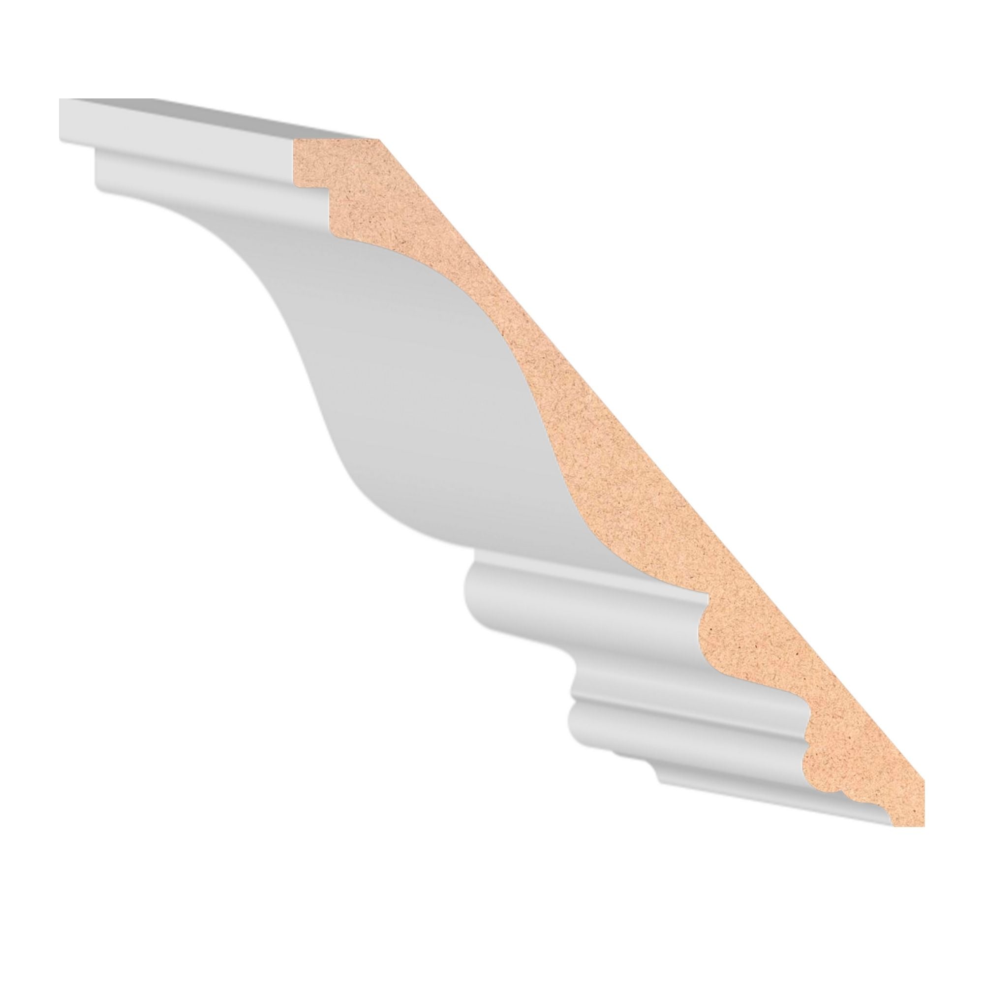 11/16 in x 6-3/4 in x 16 ft M9712H Primed White MDF-UL Crown -  Moulding, durable composite construction with a smooth primed white finish for easy painting and installation.