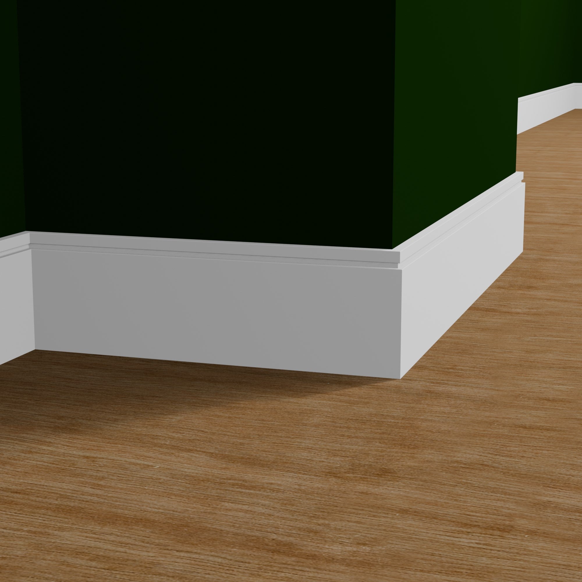View of a room featuring the MM618C Primed White MDF Baseboard Moulding installed, measuring 19/32 in x 7-1/4 in x 16 ft, highlighting an elegant and clean finish, ideal for enhancing the aesthetics of any space.