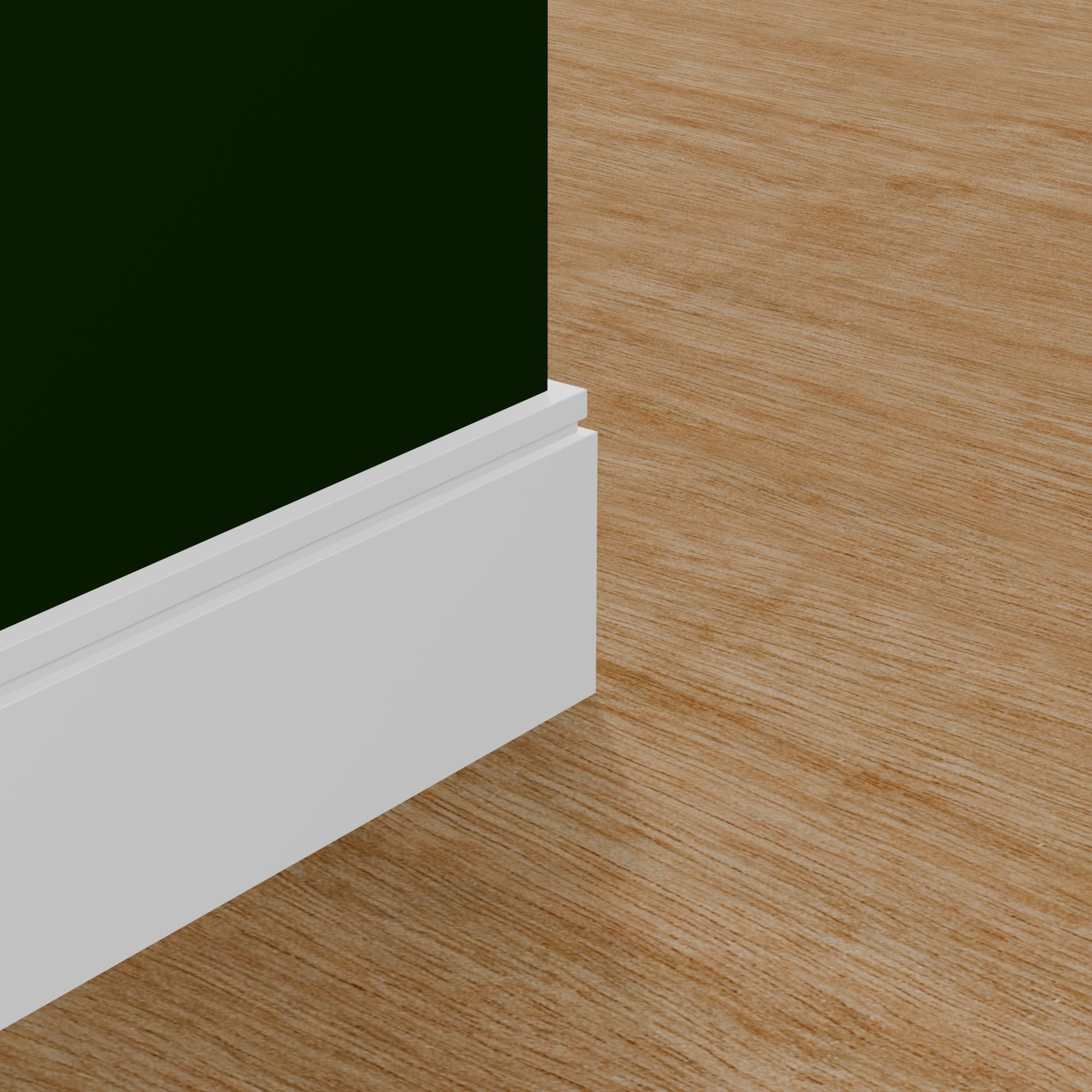 View of a room featuring the MM618C Primed White MDF Baseboard Moulding installed, measuring 19/32 in x 7-1/4 in x 16 ft, highlighting an elegant and clean finish, ideal for enhancing the aesthetics of any space.