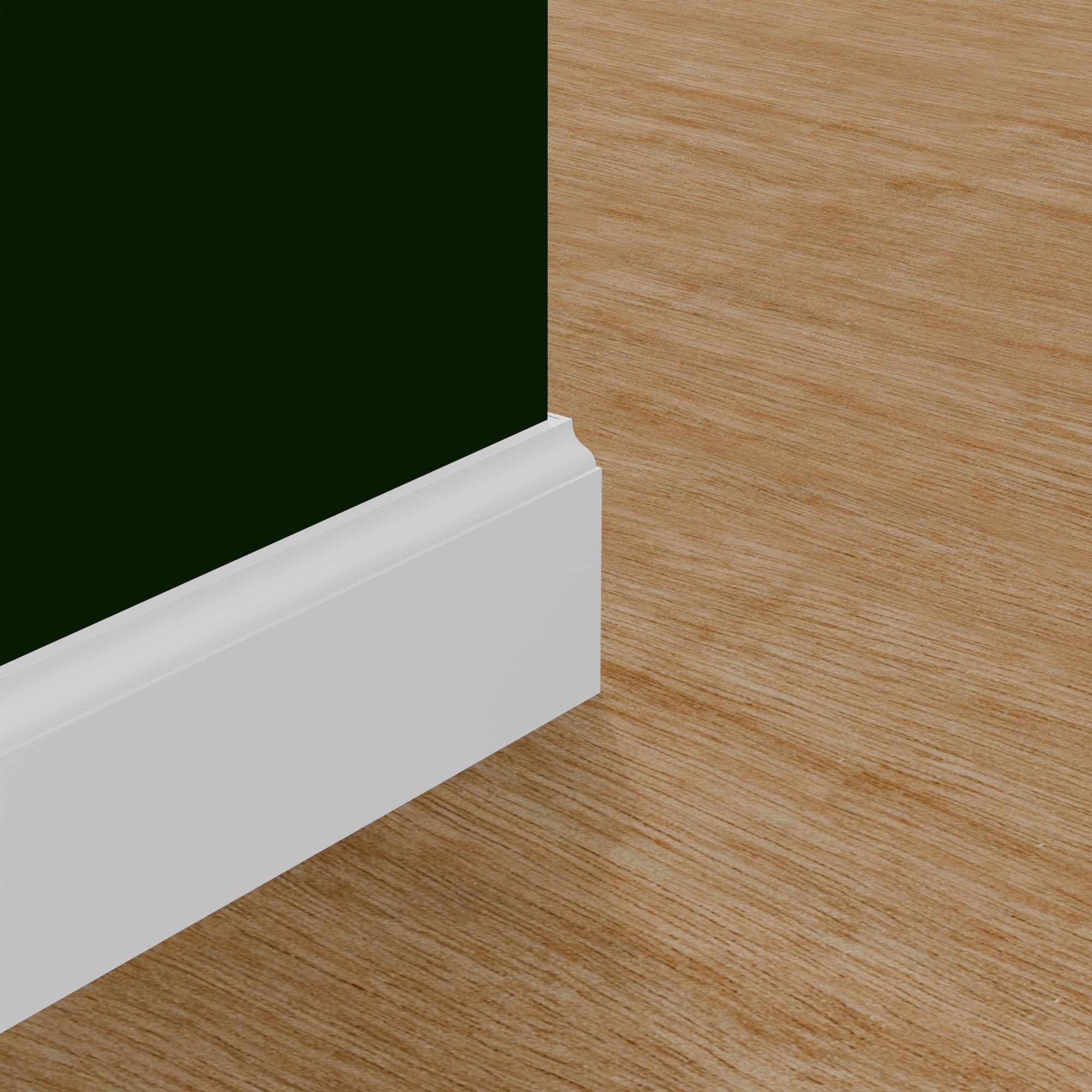 View of a room featuring the M0623X Primed White MDF Baseboard Moulding installed, measuring 1/2 in x 3-1/4 in x 16 ft, highlighting an elegant and clean finish, ideal for enhancing the aesthetics of any space.