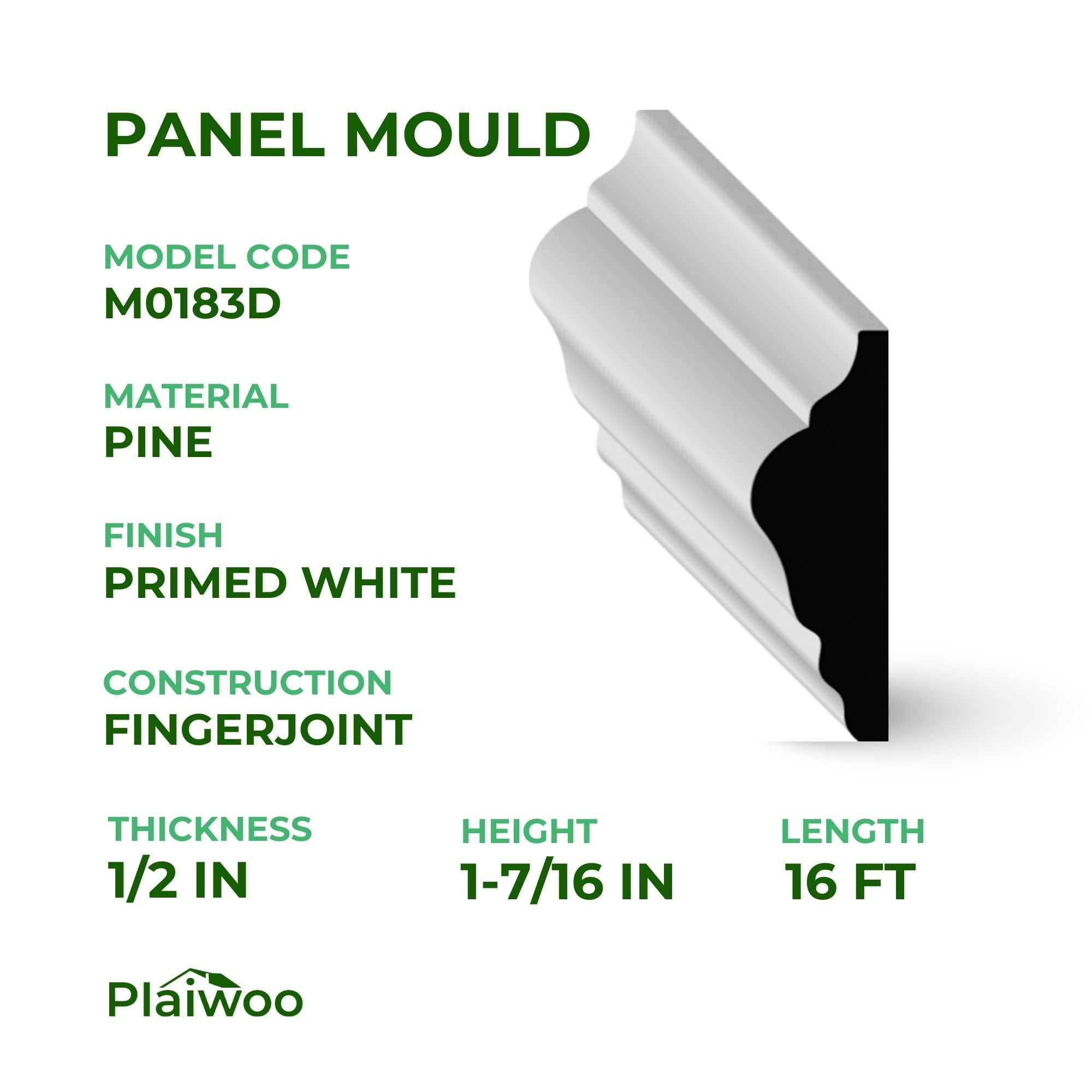 1/2 in x 1-7/16 in x 16 ft M0183D Primed White Pine Wood Shingle/Panel Moulding -  Moulding - high-quality decorative trim for doors, windows, and interior finishing.