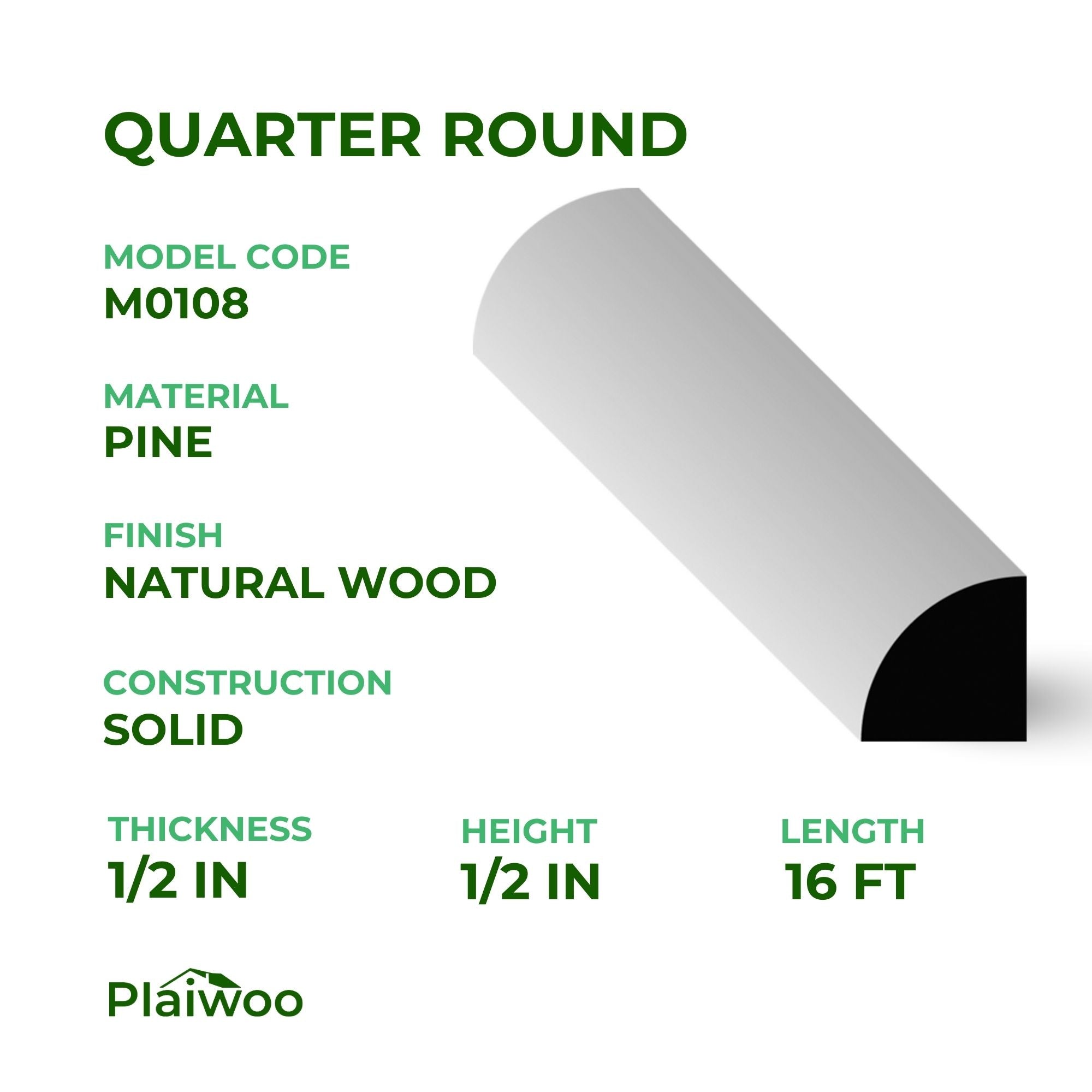 1/2 in x 1/2 in x 16 ft M0108 Natural Wood Pine Quarter Round -  Moulding - high-quality decorative trim for doors, windows, and interior finishing.