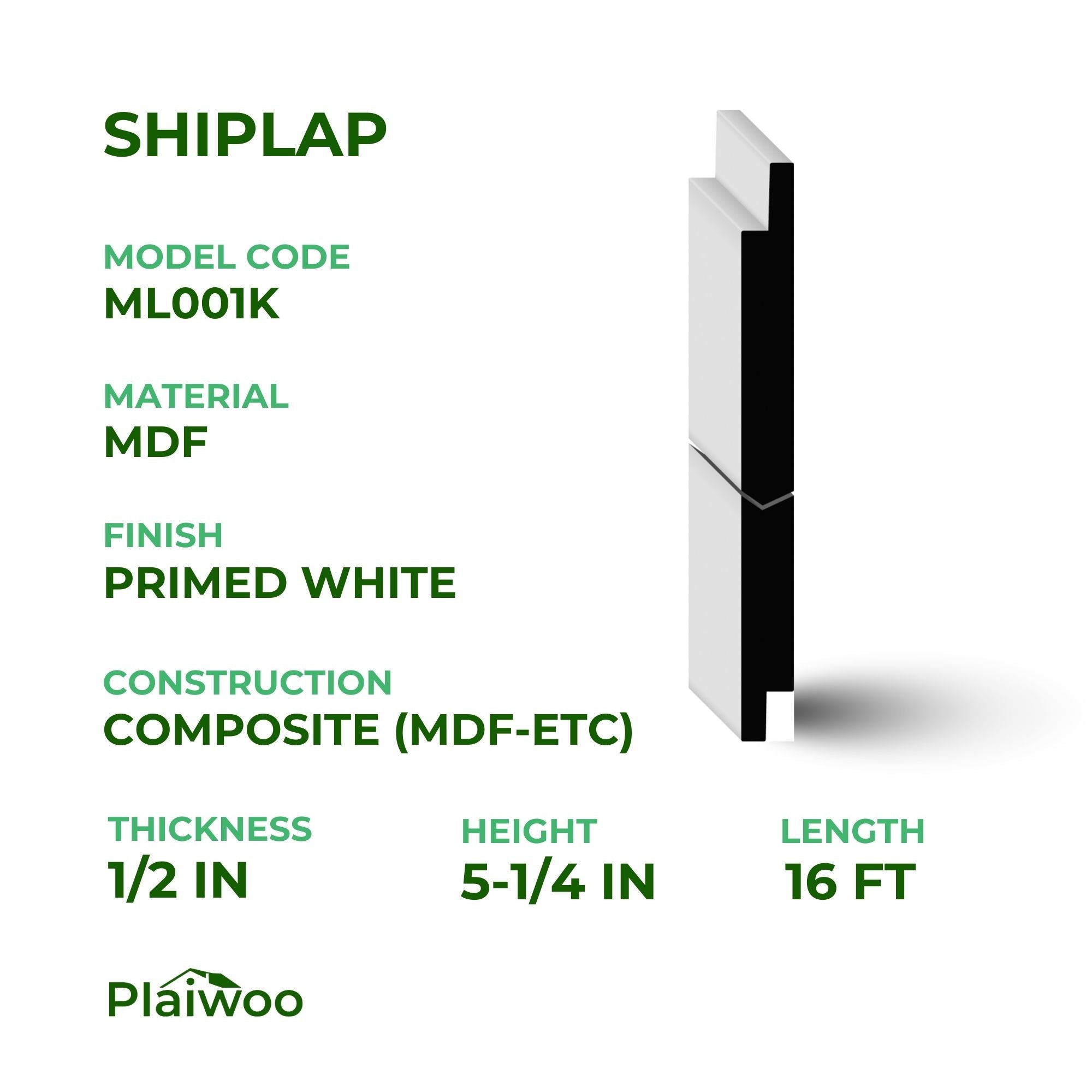 1/2 in x 5-1/4 in x 16 ft ML001K Primed White MDF Shiplap -  Moulding - high-quality decorative trim for doors, windows, and interior finishing.