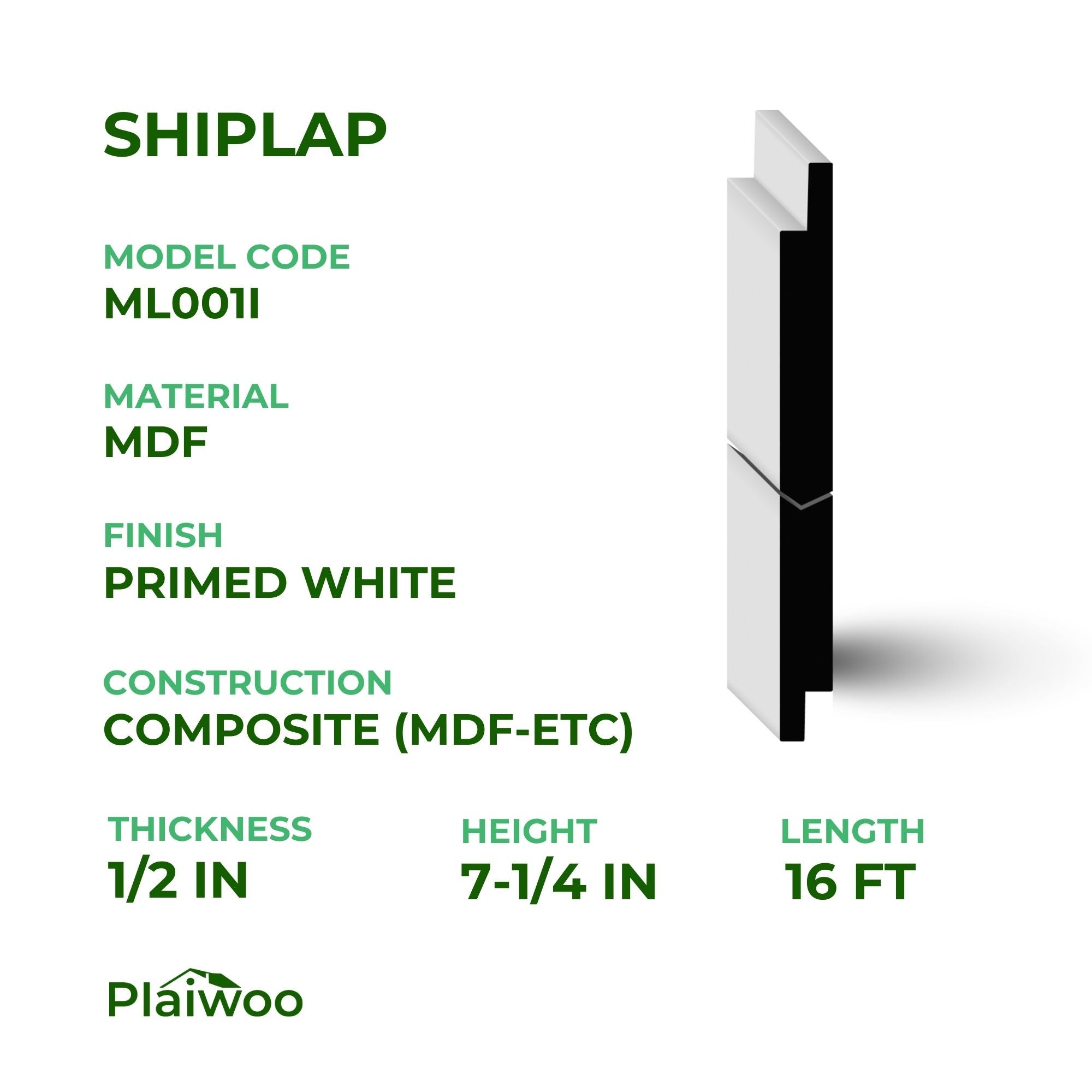 1/2 in x 7-1/4 in x 16 ft ML001I Primed White MDF Shiplap -  Moulding - high-quality decorative trim for doors, windows, and interior finishing.