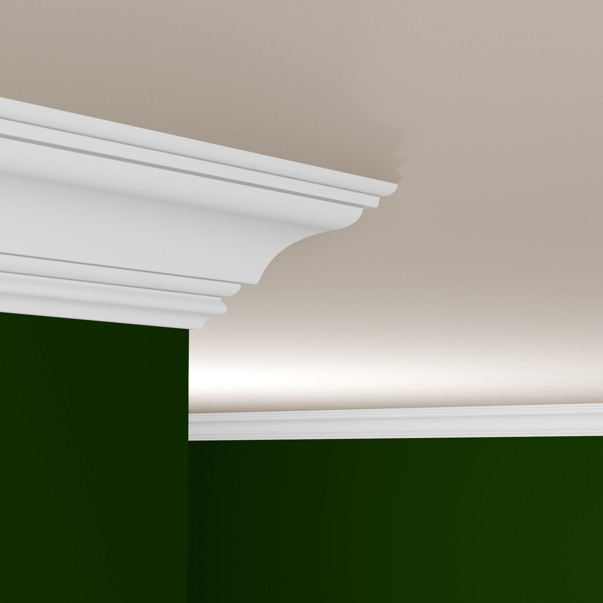 View of a room featuring the M0513B Primed White MDF-UL Crown Moulding installed, measuring 1 in x 7-1/4 in x 16 ft, highlighting an elegant and clean finish, ideal for enhancing the aesthetics of any space.