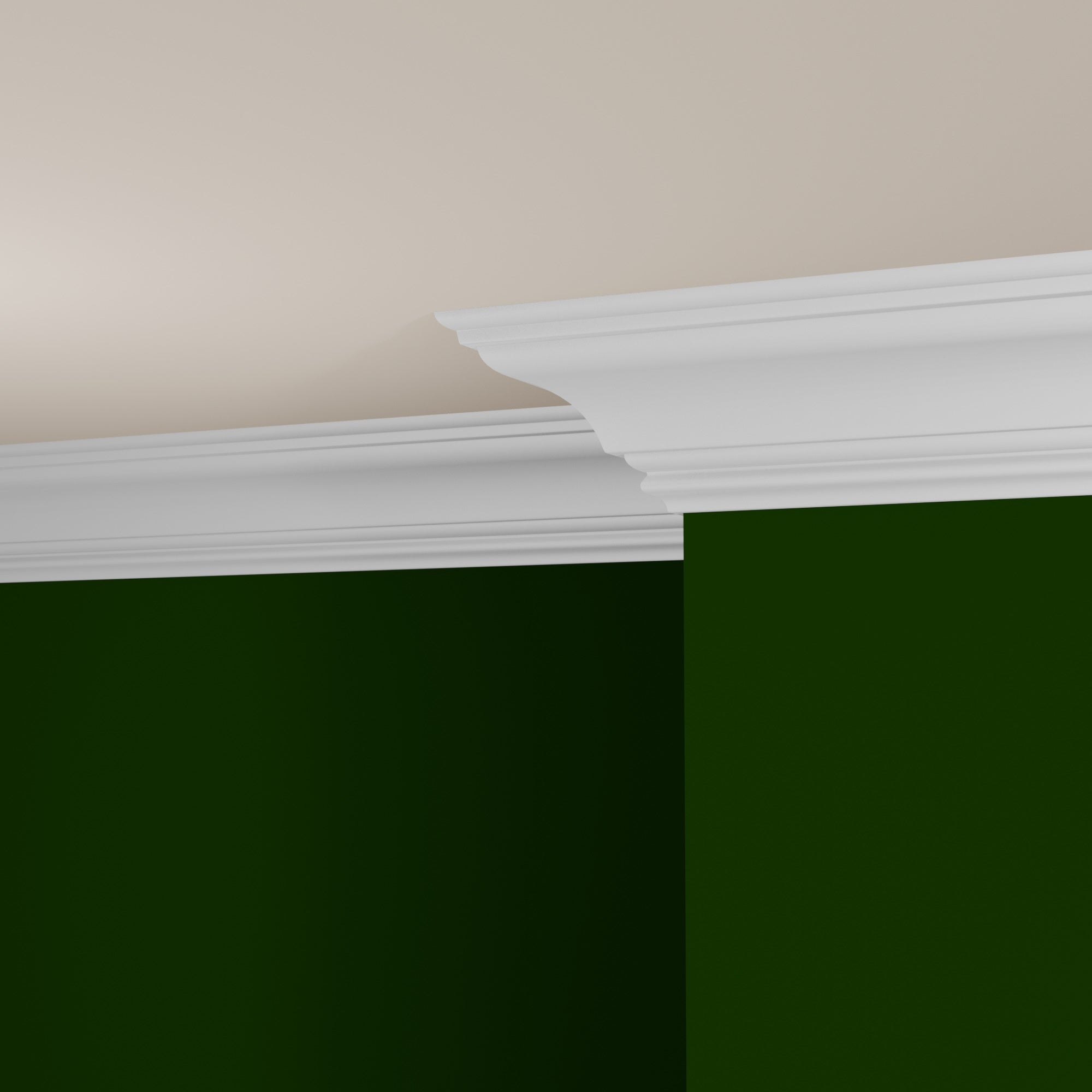 View of a room featuring the M0513B Primed White MDF-UL Crown Moulding installed, measuring 1 in x 7-1/4 in x 16 ft, highlighting an elegant and clean finish, ideal for enhancing the aesthetics of any space.