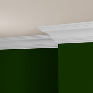 View of a room featuring the M0513B Primed White MDF-UL Crown Moulding installed, measuring 1 in x 7-1/4 in x 16 ft, highlighting an elegant and clean finish, ideal for enhancing the aesthetics of any space.