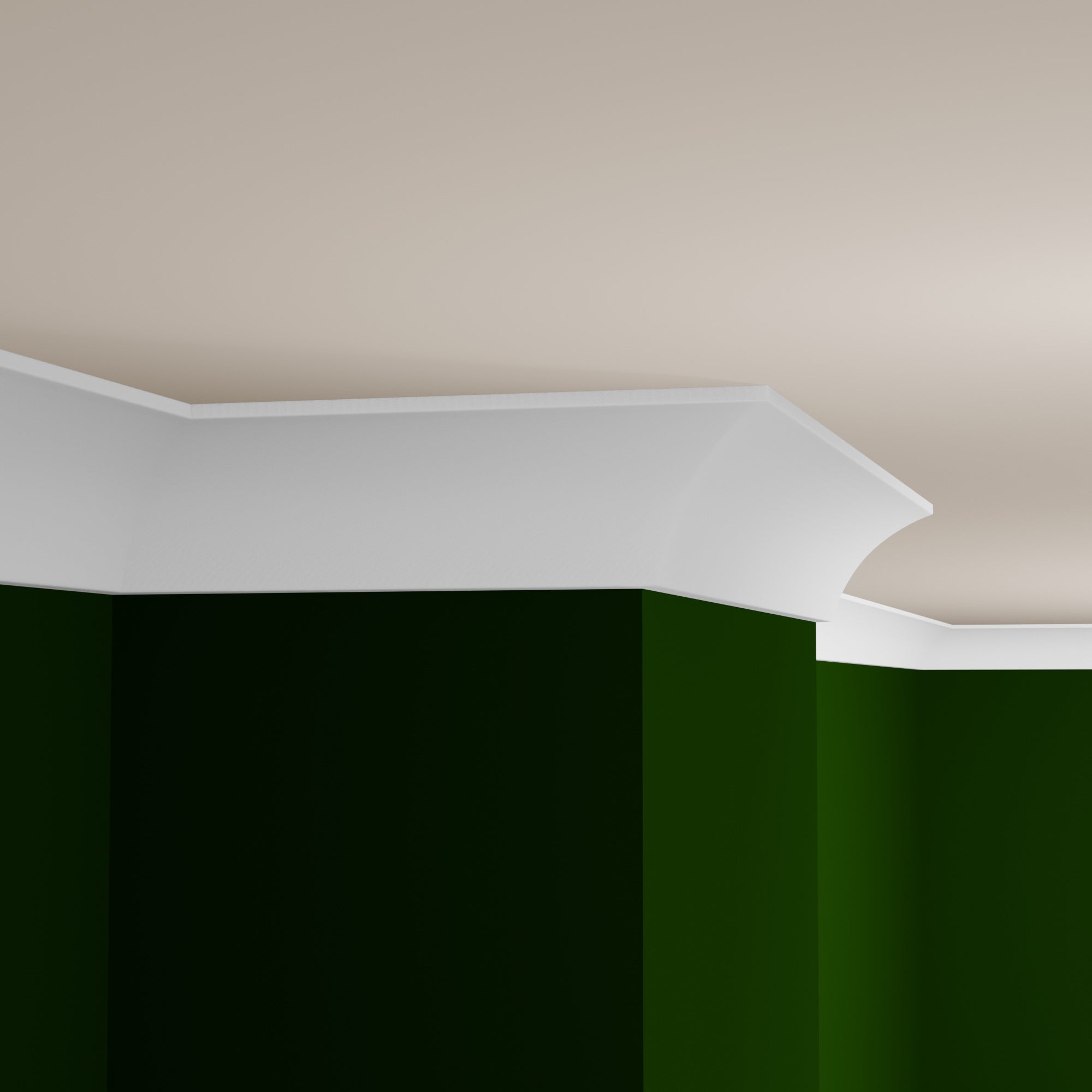 View of a room featuring the M9081C Primed White MDF Crown Moulding installed, measuring 1 in x 7 in x 16 ft, highlighting an elegant and clean finish, ideal for enhancing the aesthetics of any space.