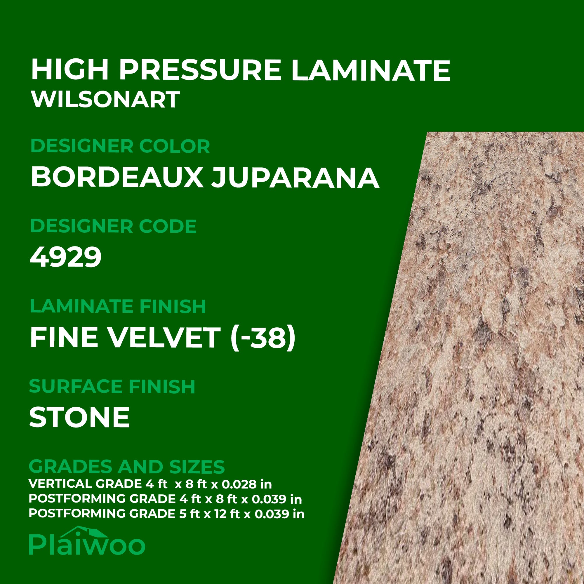 4929 Wilsonart Bordeaux Juparana (-38) Fine Velvet (-38) HPL 4 ft x 8 ft Laminate Sheets Specifications - Plaiwoo