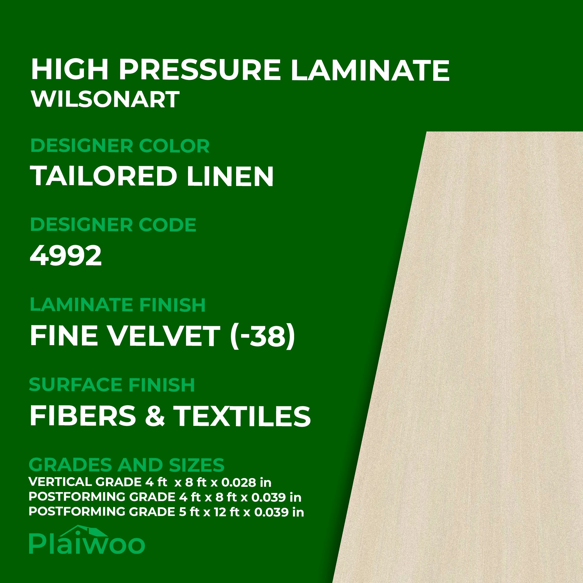 4992 Wilsonart Tailored Linen (-38) Fine Velvet (-38) HPL 4 ft x 8 ft Laminate Sheets Specifications - Plaiwoo