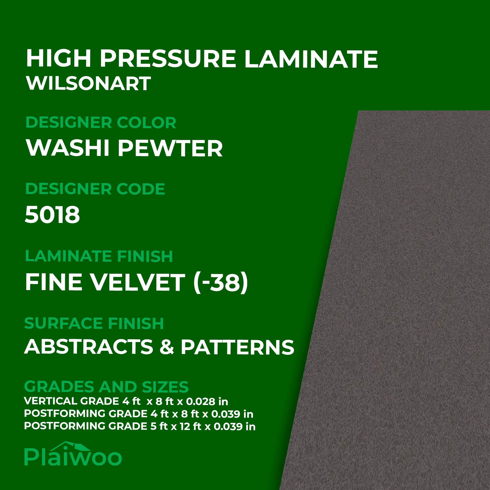 5018 Wilsonart Washi Pewter (-38) Fine Velvet (-38) HPL 4 ft x 8 ft Laminate Sheets Specifications - Plaiwoo