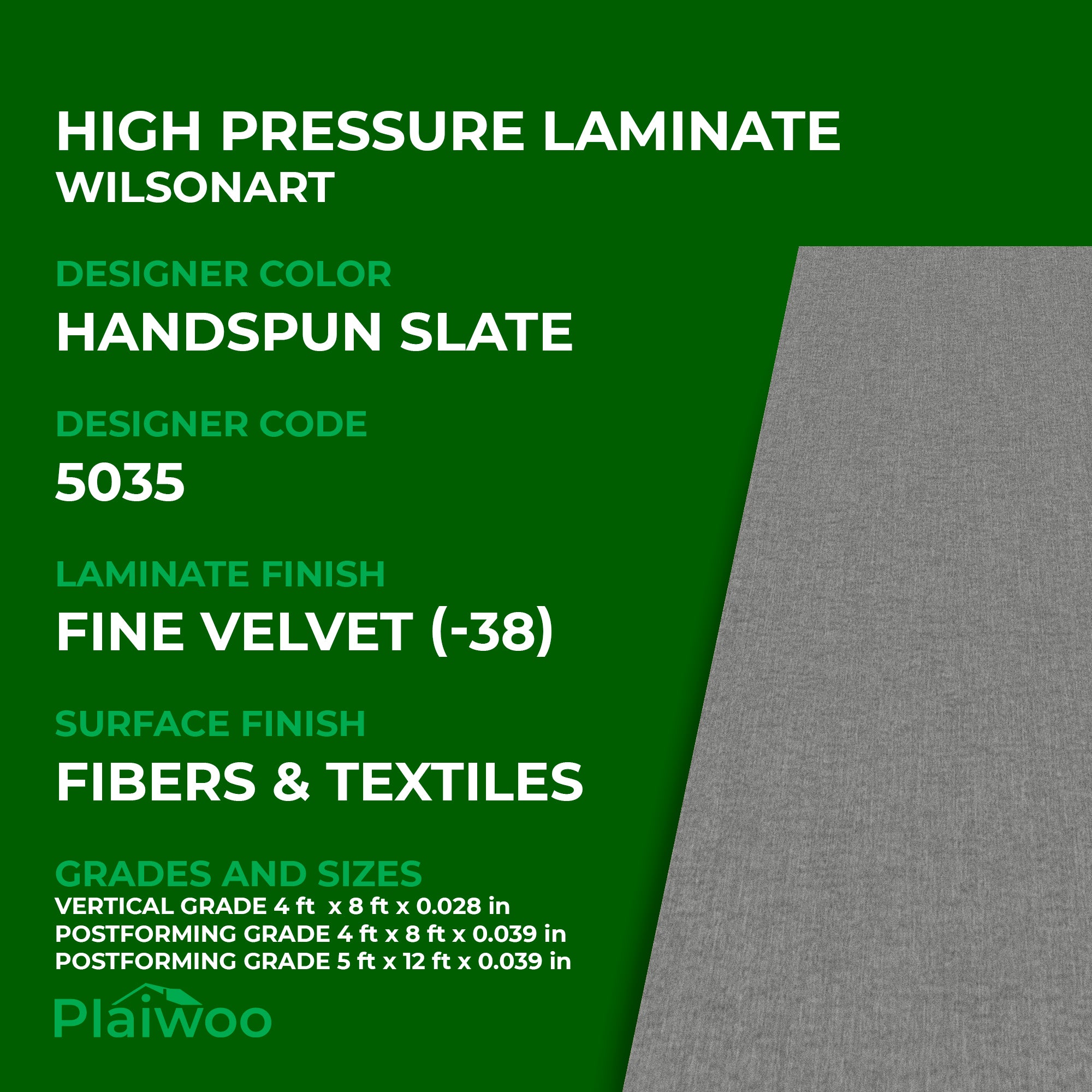 5035 Wilsonart Handspun Slate (-38) Fine Velvet (-38) HPL 4 ft x 8 ft Laminate Sheets Specifications - Plaiwoo
