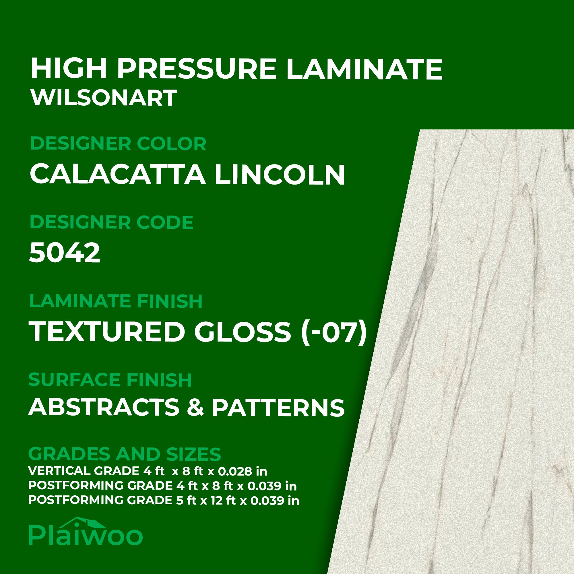 5042 Wilsonart Calacatta Lincoln (-07) Textured Gloss (-07) HPL 4 ft x 8 ft Laminate Sheets Specifications - Plaiwoo