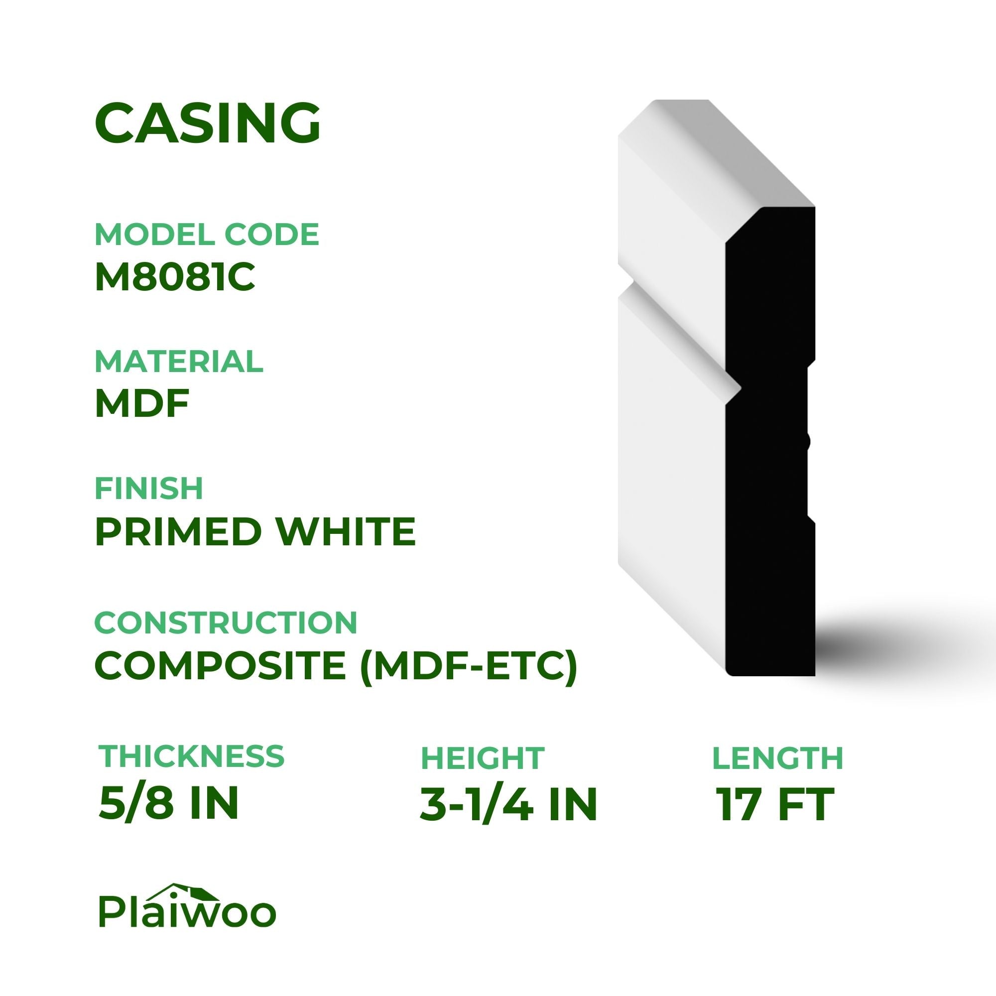 5/8 in x 3-1/4 in x 17 ft M8081C Primed White MDF Casing -  Moulding - high-quality decorative trim for doors, windows, and interior finishing.