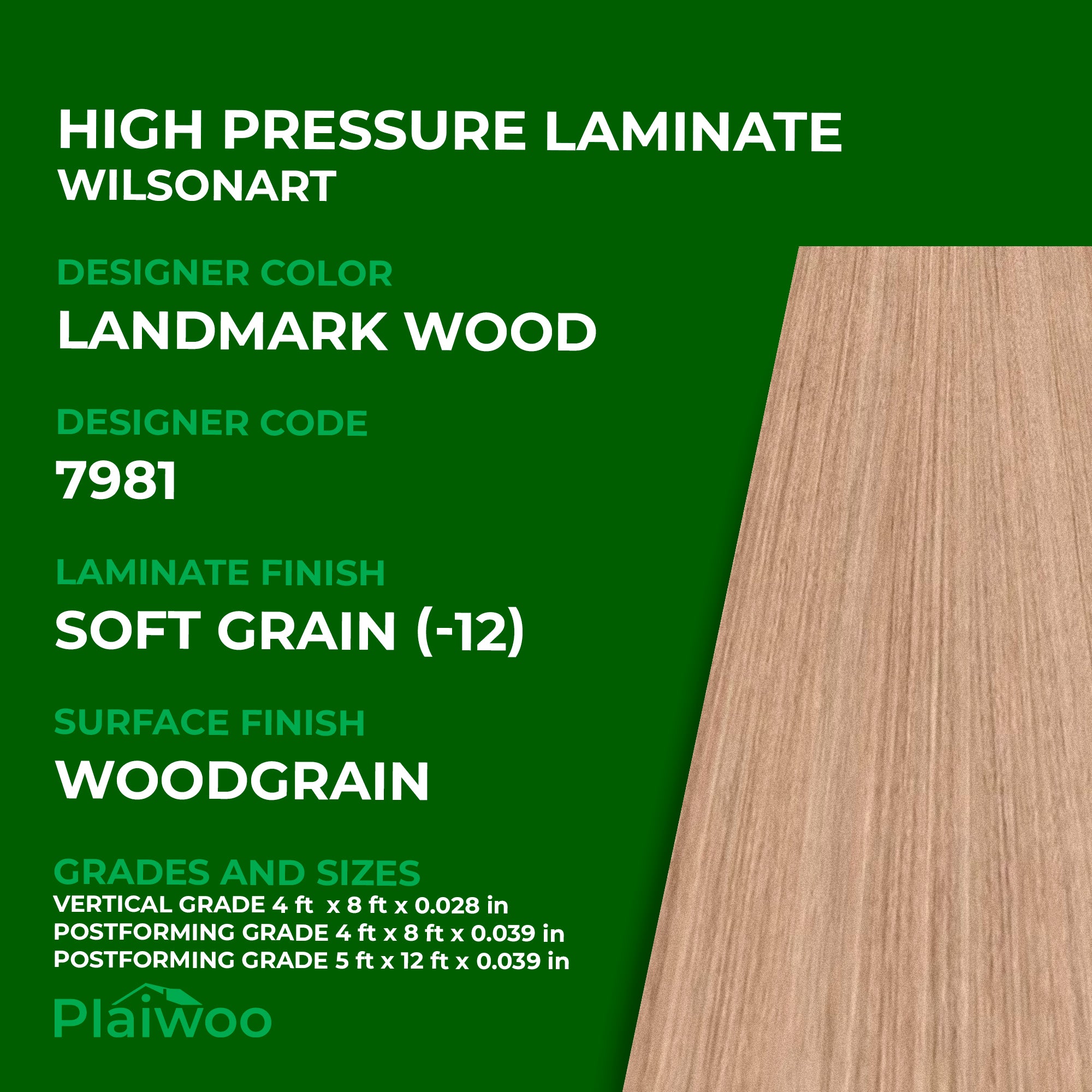7981 Wilsonart Landmark Wood (-12) Soft Grain (-12) HPL 4 ft x 8 ft Laminate Sheets Specifications - Plaiwoo