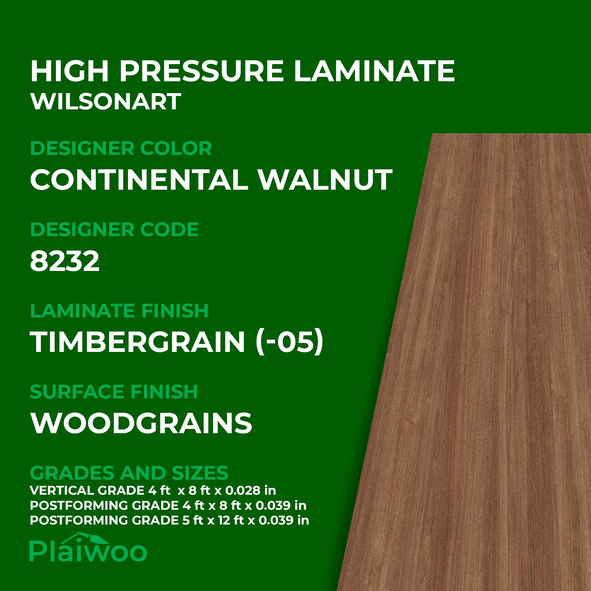 8232 Wilsonart Continental Walnut (-05) Timbergrain (-05) HPL 4 ft x 8 ft Laminate Sheets Specifications - Plaiwoo