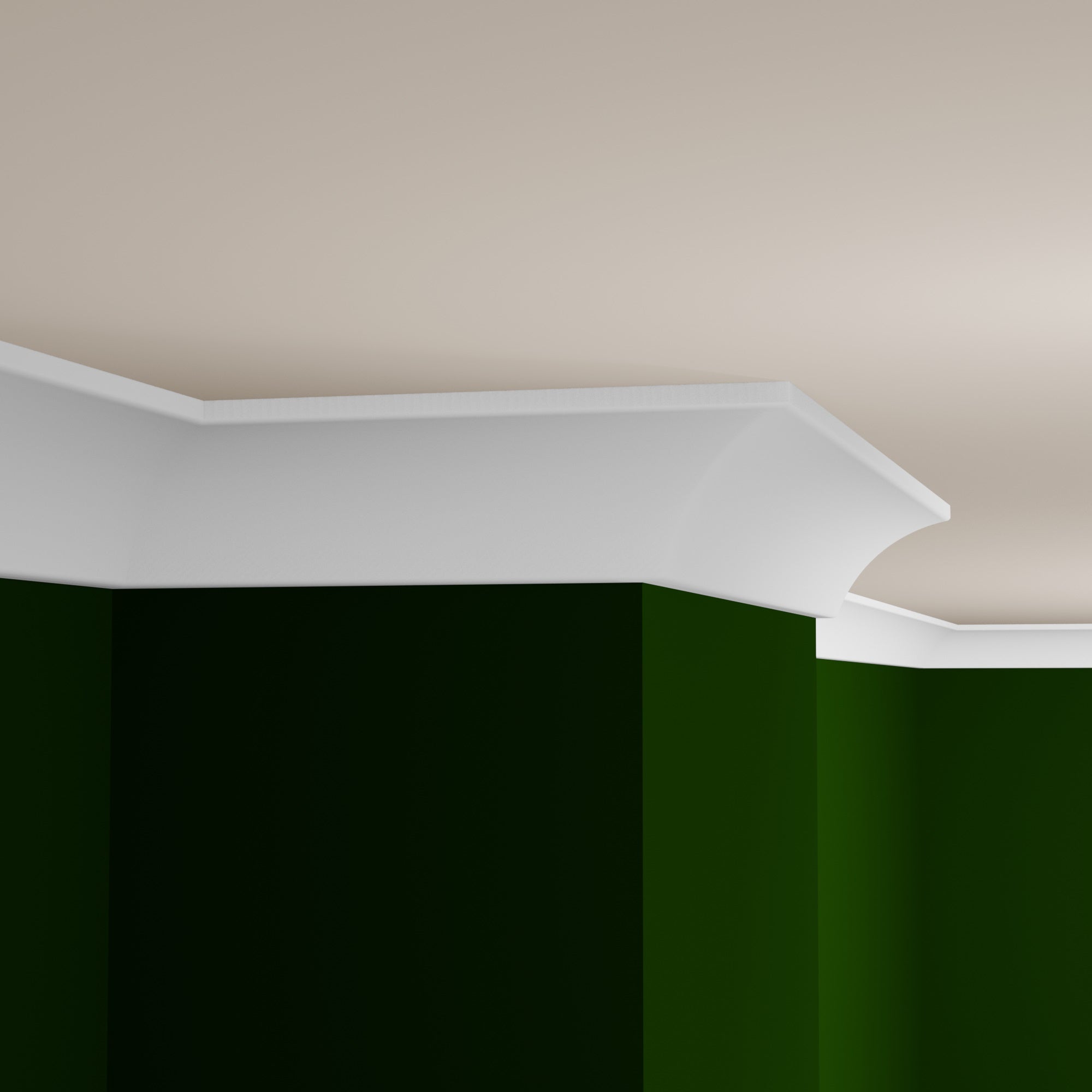 View of a room featuring the M0057X Primed White Pine Wood Crown Moulding installed, measuring 9/16 in x 3-1/4 in x 16 ft, highlighting an elegant and clean finish, ideal for enhancing the aesthetics of any space.