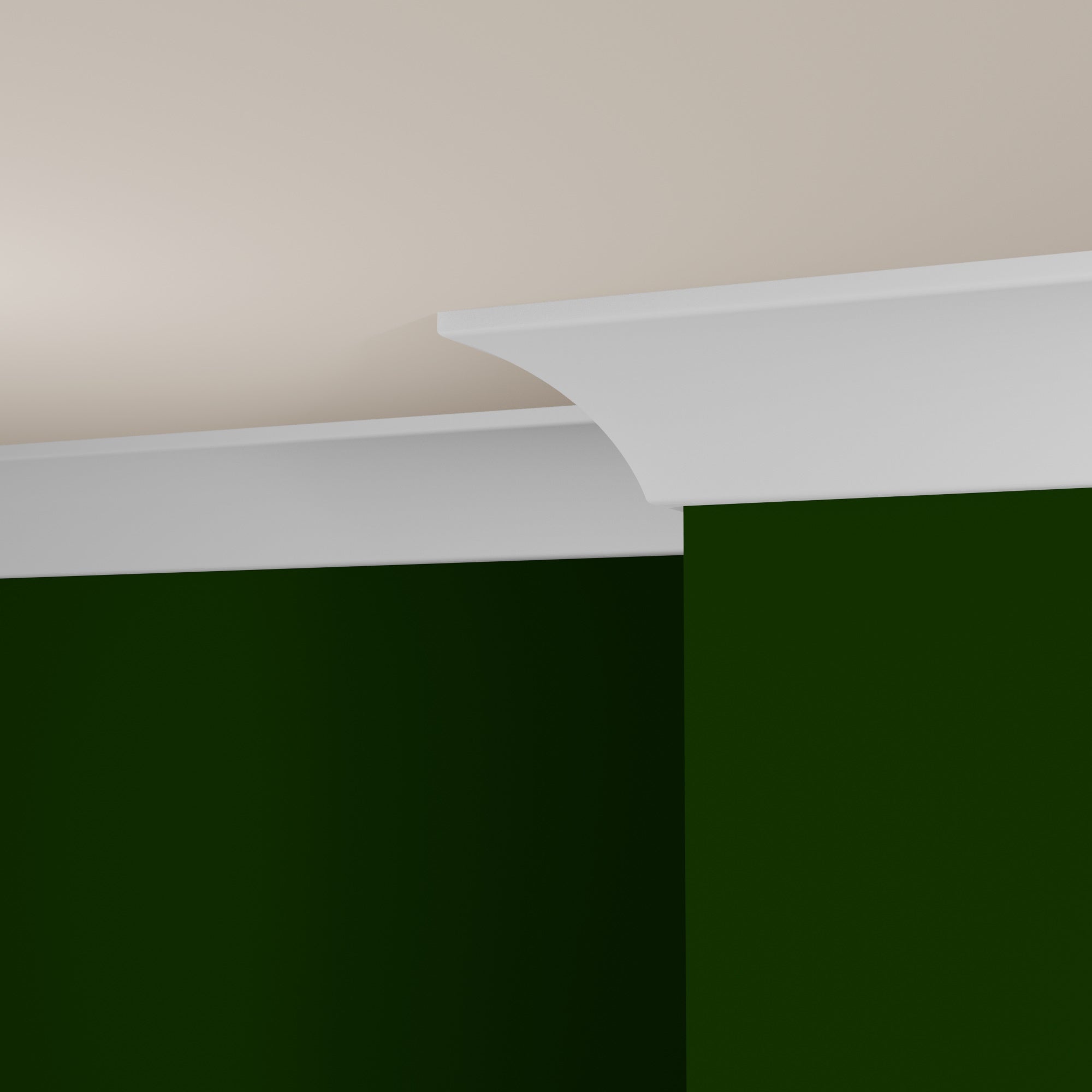 View of a room featuring the M0057X Primed White Pine Wood Crown Moulding installed, measuring 9/16 in x 3-1/4 in x 16 ft, highlighting an elegant and clean finish, ideal for enhancing the aesthetics of any space.