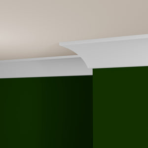 View of a room featuring the M0057X Primed White Pine Wood Crown Moulding installed, measuring 9/16 in x 3-1/4 in x 16 ft, highlighting an elegant and clean finish, ideal for enhancing the aesthetics of any space.