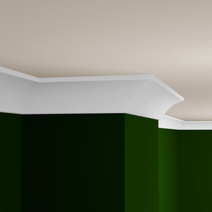 View of a room featuring the M0048A Primed White Pine Wood Crown Moulding installed, measuring 9/16 in x 4-1/4 in x 16 ft, highlighting an elegant and clean finish, ideal for enhancing the aesthetics of any space.