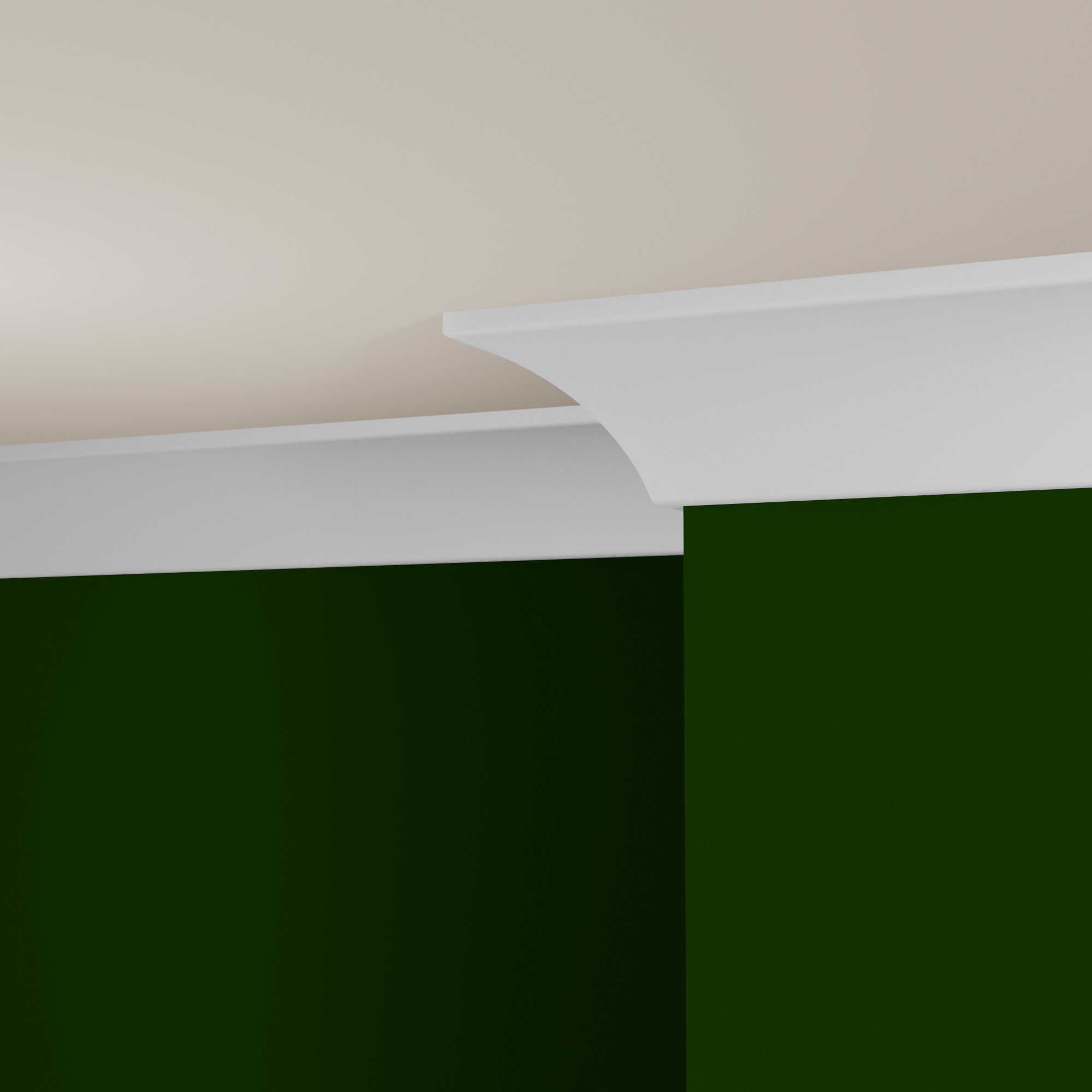 View of a room featuring the M0048A Primed White Pine Wood Crown Moulding installed, measuring 9/16 in x 4-1/4 in x 16 ft, highlighting an elegant and clean finish, ideal for enhancing the aesthetics of any space.
